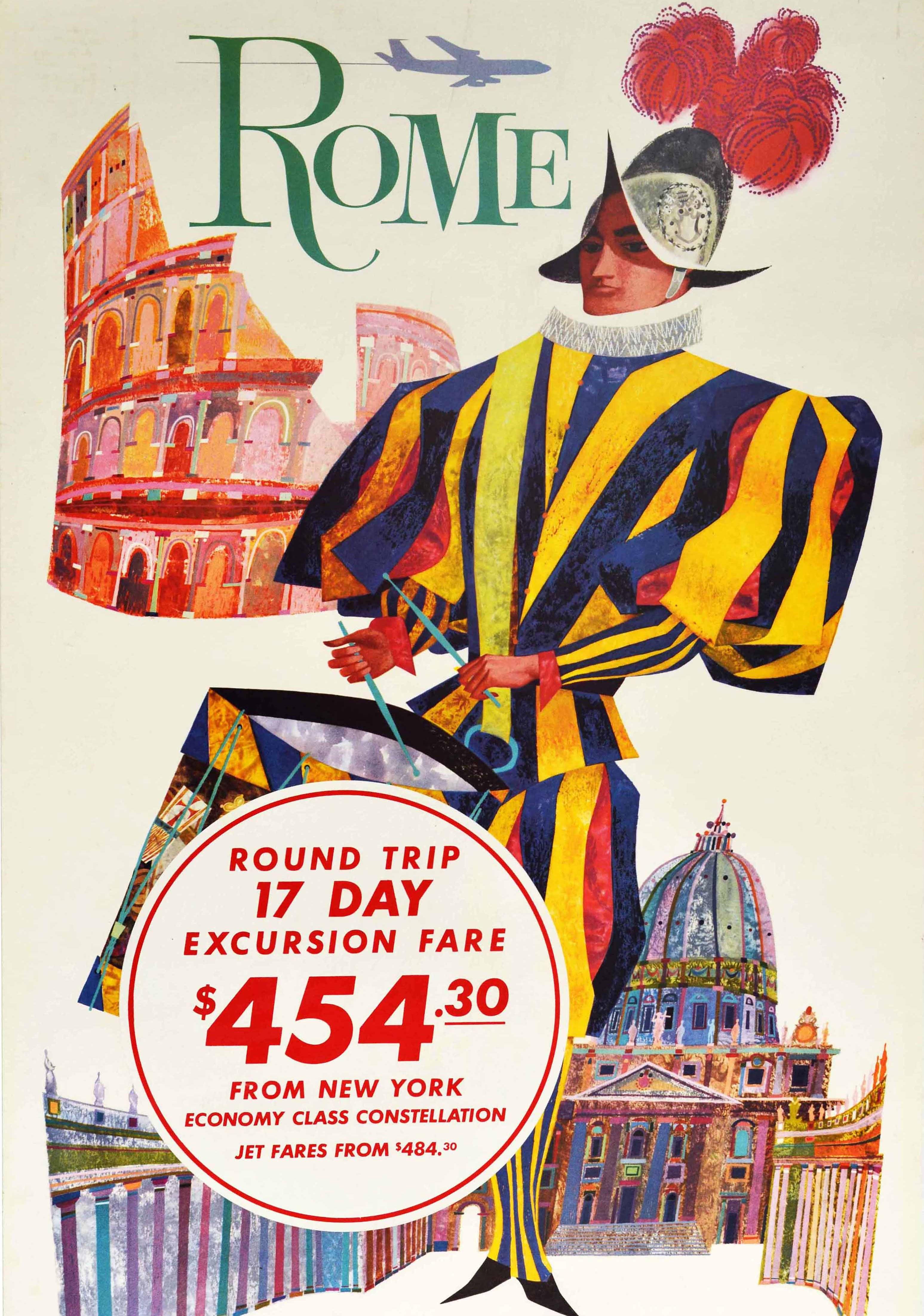 Mid-20th Century Original Vintage Travel Poster Rome Fly TWA Jets New York Constellation Plane