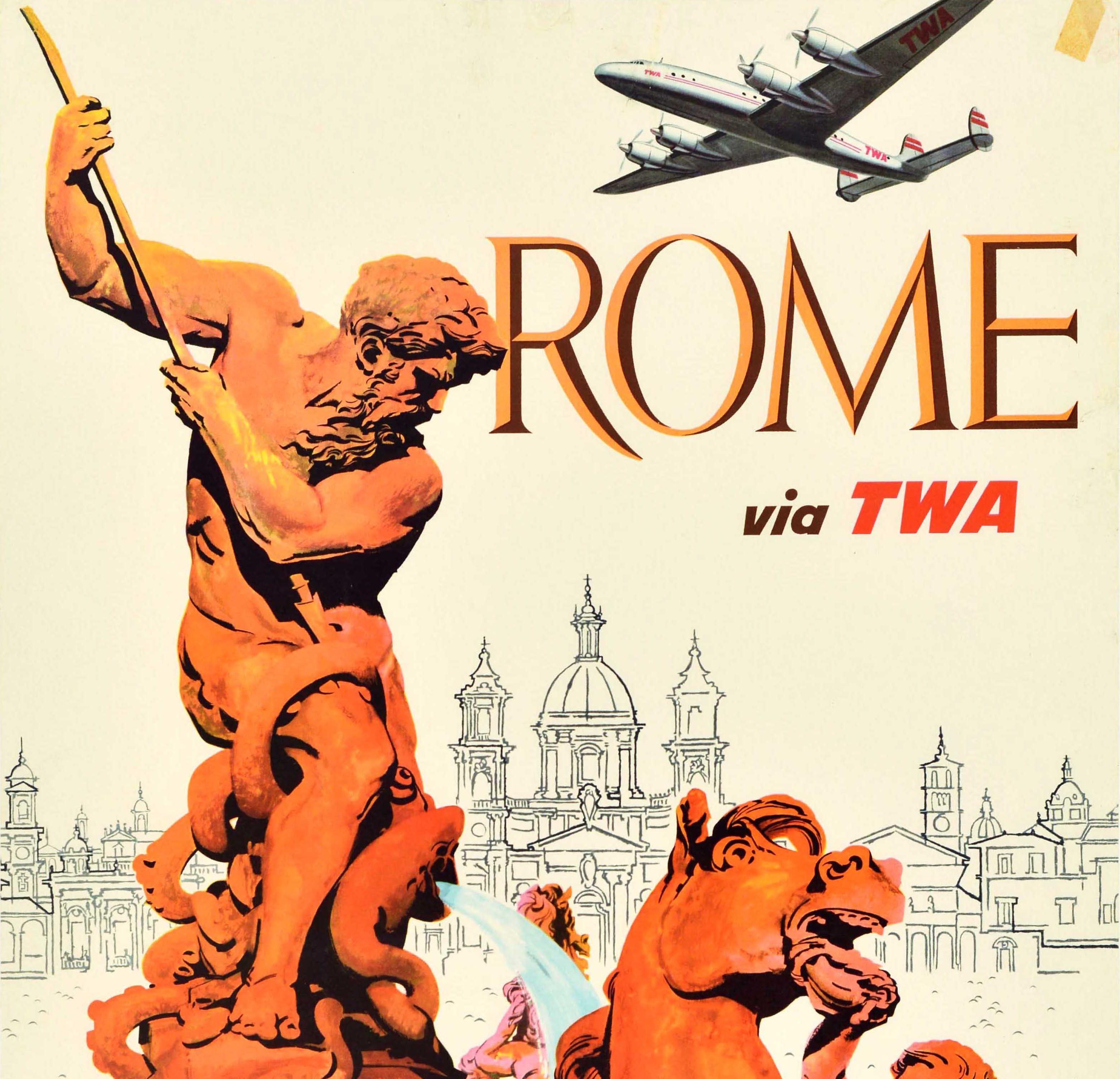 Affiche publicitaire originale d'époque pour Rome via TWA Trans World Airlines, avec un design coloré de l'artiste américain David Klein (1918-2005) représentant la fontaine historique de Neptune / Fontana del Nettuno au premier plan et un croquis