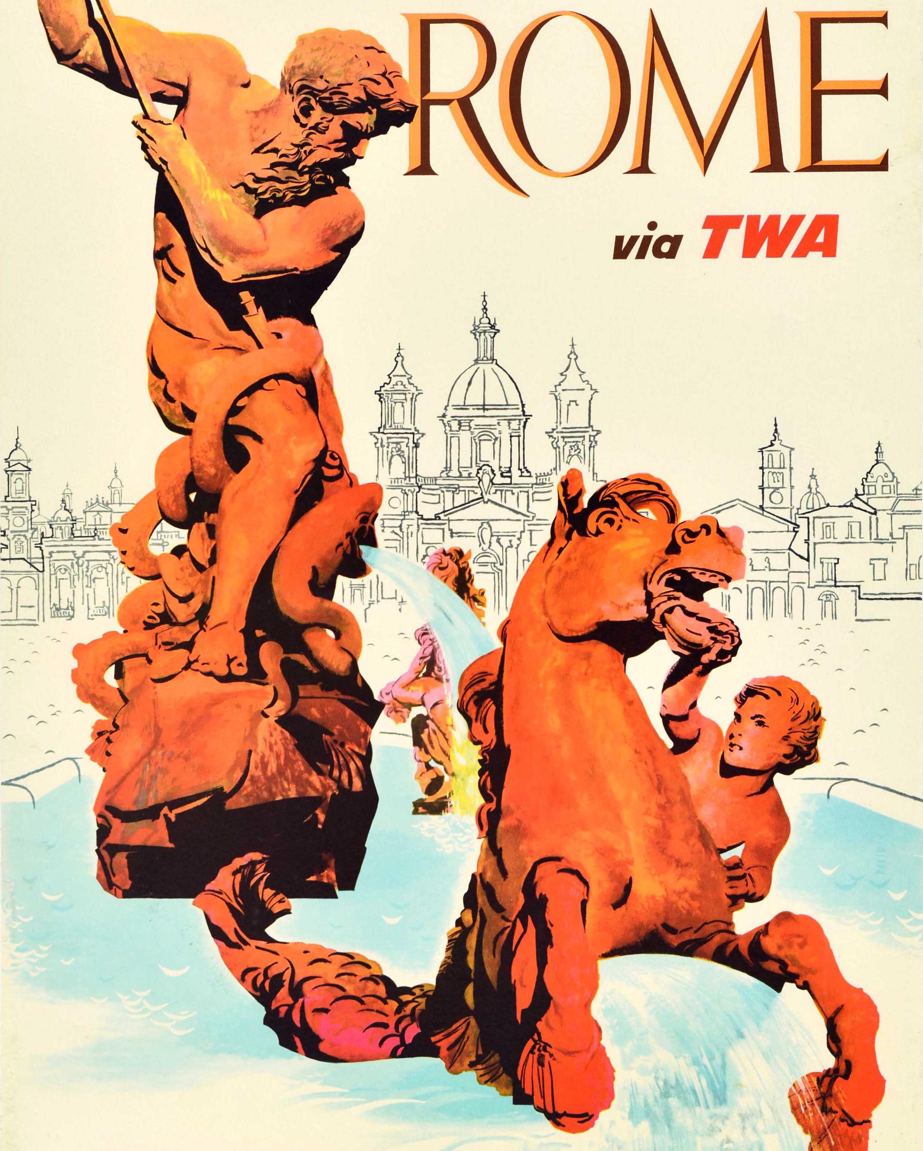 Original Vintage Travel Poster Rome Via TWA Neptune Fountain City Skyline Italy In Good Condition For Sale In London, GB