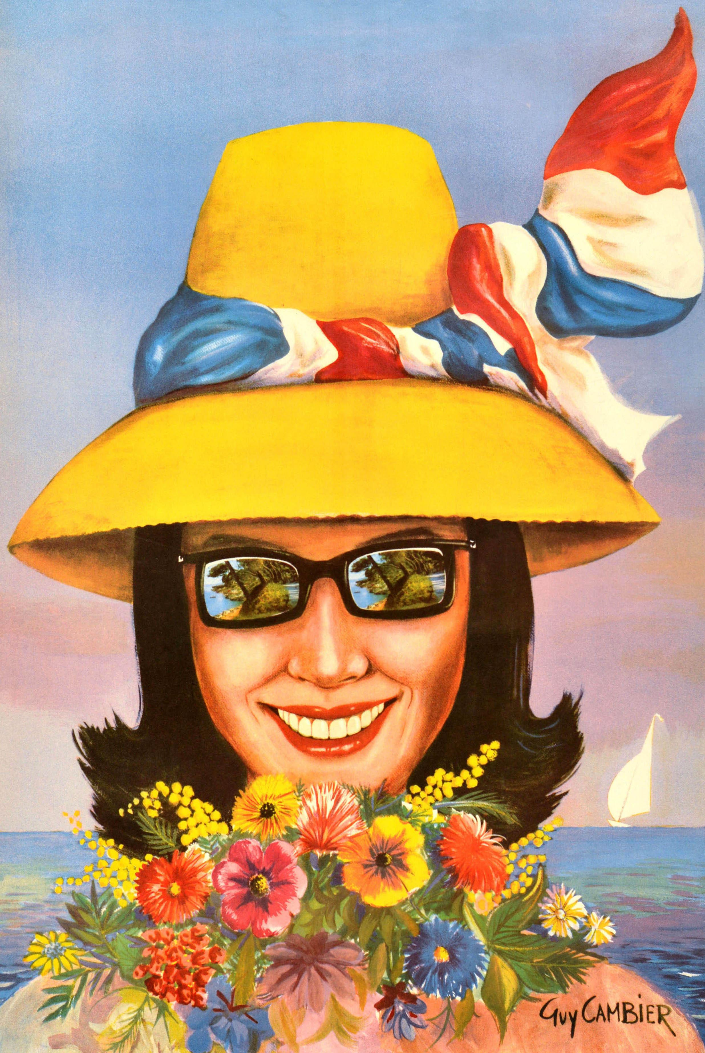 Original vintage travel poster for Roquebrune Cap Martin Riviera Cote d'Azur France featuring a colourful illustration of a smiling lady in a summer hat with a red, white and blue for the French flag tied around it, and reflective sunglasses holding
