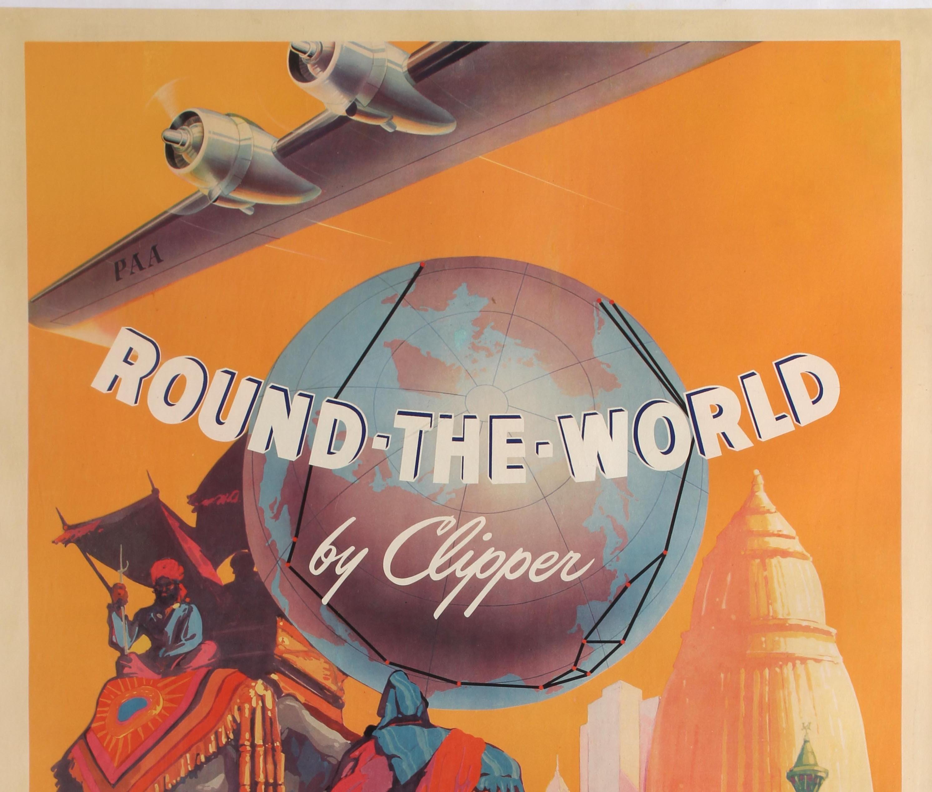Original vintage travel advertising poster - Round-The-World by Clipper Pan American World Airways The system of the flying clippers - featuring fantastic artwork showing the wing of a PanAm propeller plane marked PAA flying above a globe with the