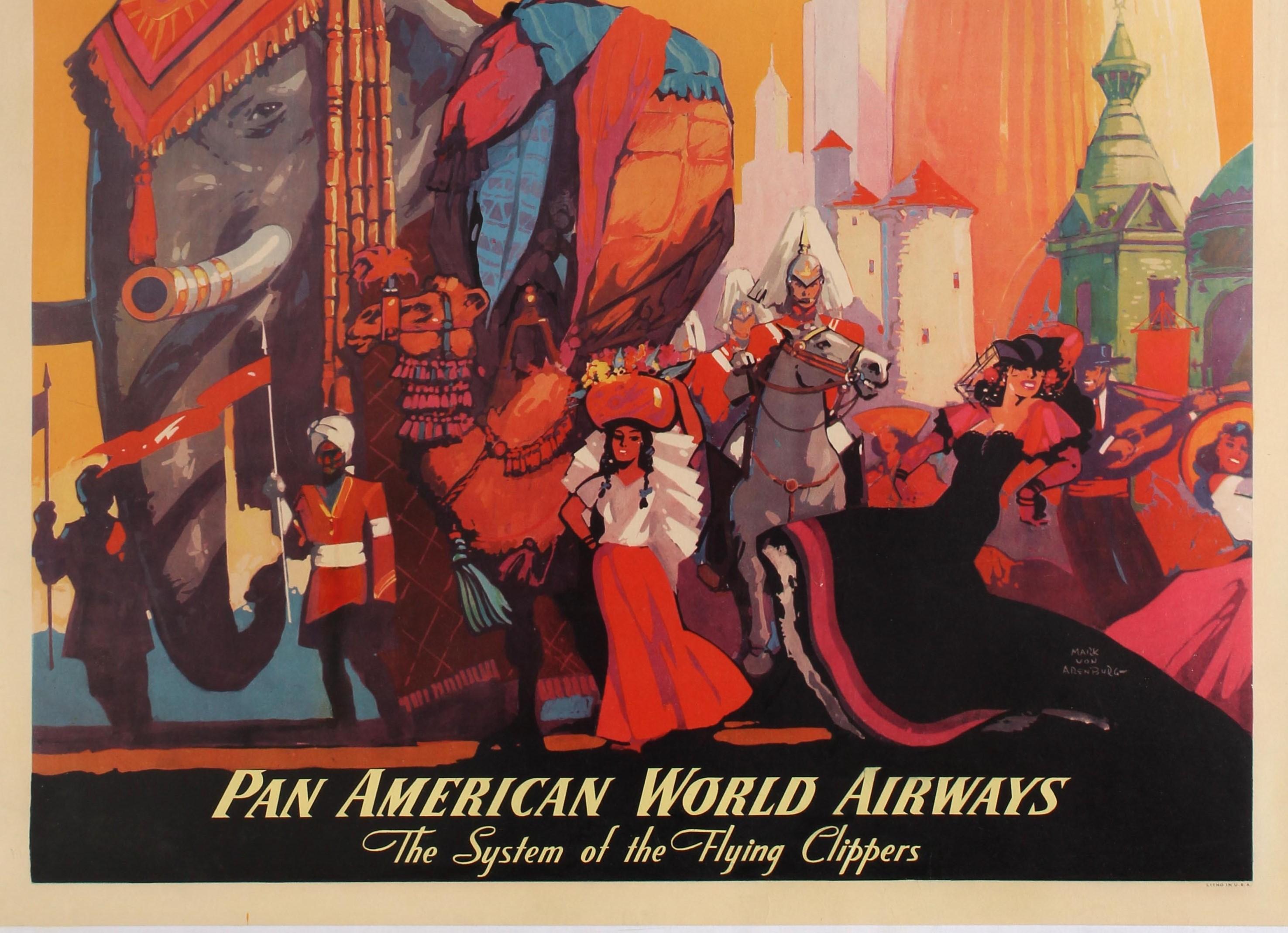 Original Vintage Travel Poster Round The World By Clipper Pan American Airways In Good Condition In London, GB