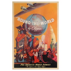 Original Vintage Travel Poster Round The World By Clipper Pan American Airways
