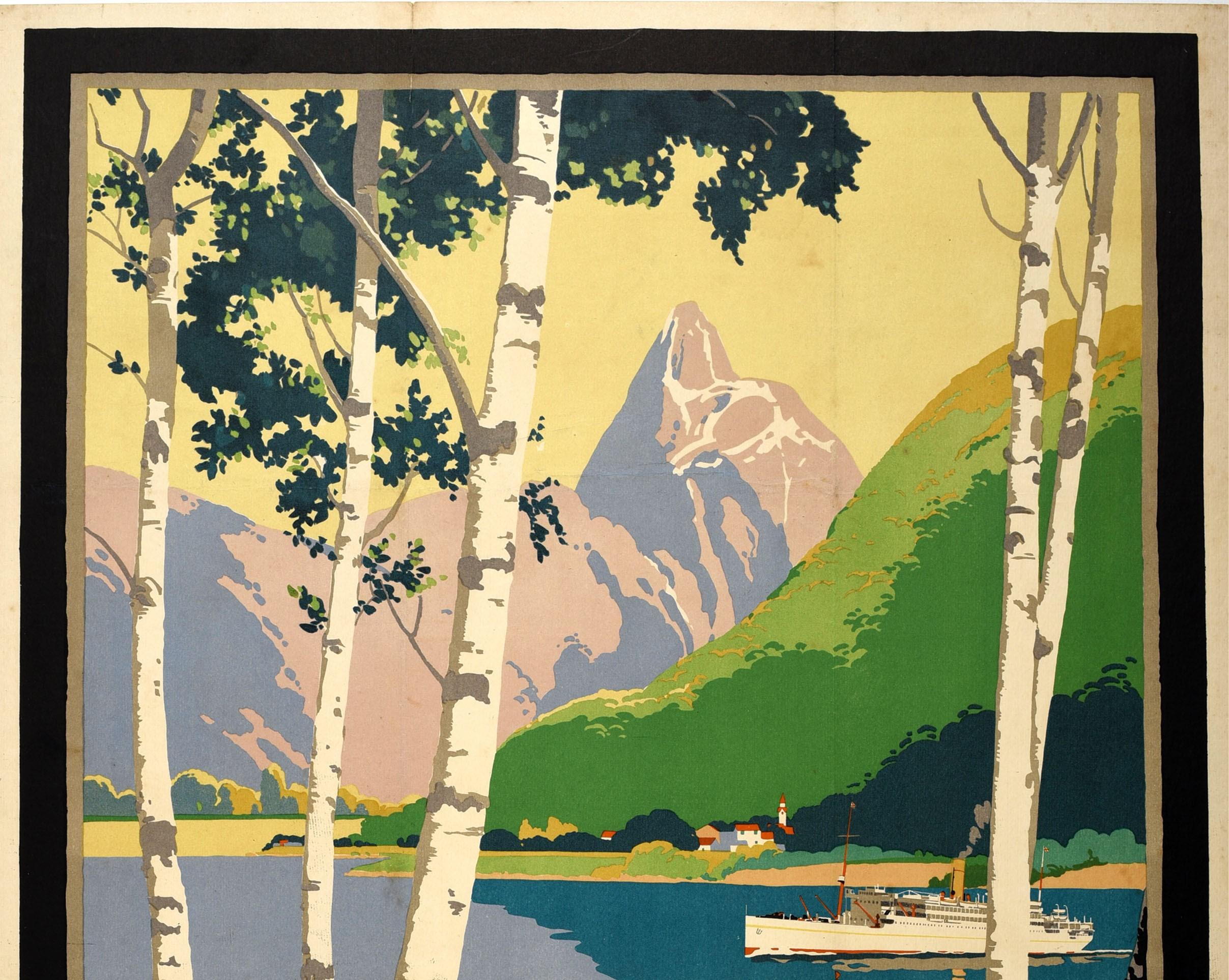 Original vintage travel poster for Royal Mail Line Atlantis Cruises featuring a stunning scenic view by the British poster designer, Percy Padden (1886-1965) depicting a cruise boat on a lake with silver birch trees in the foreground and green hills
