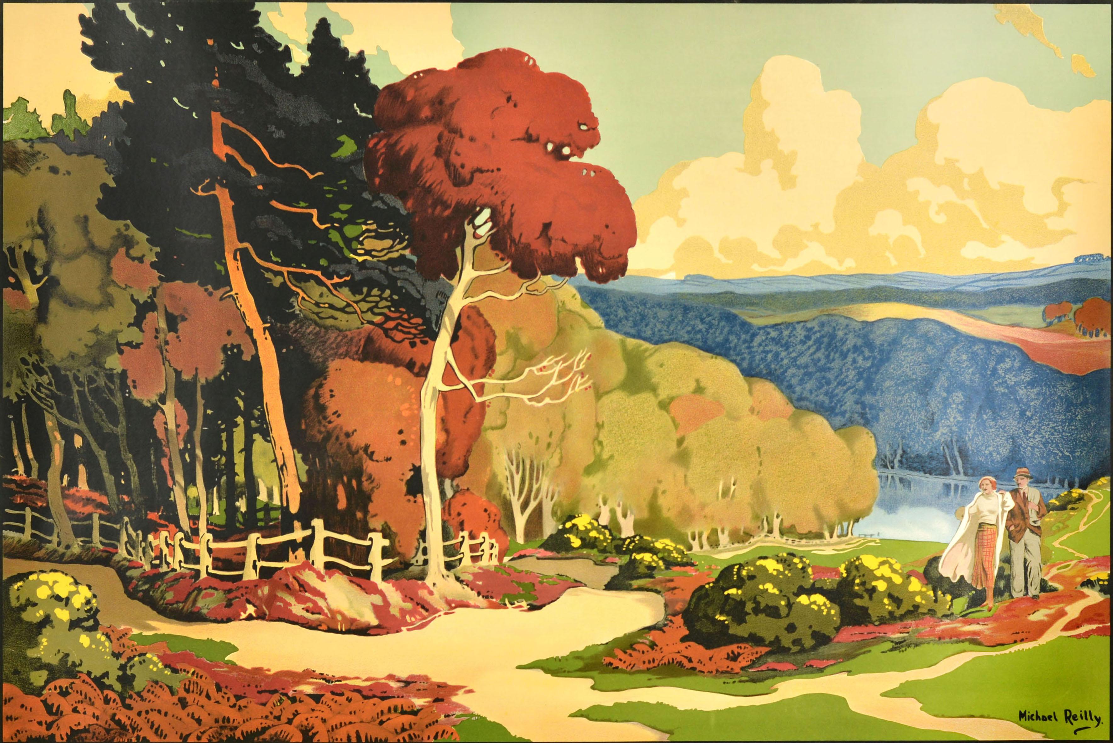 Original vintage travel poster for the Royal Town of Sutton Coldfield Sutton Park featuring stunning artwork by Michael Reilly (b.1898) depicting a couple enjoying a walk on a hill past trees in the park with a calm reflective lake and fields in the