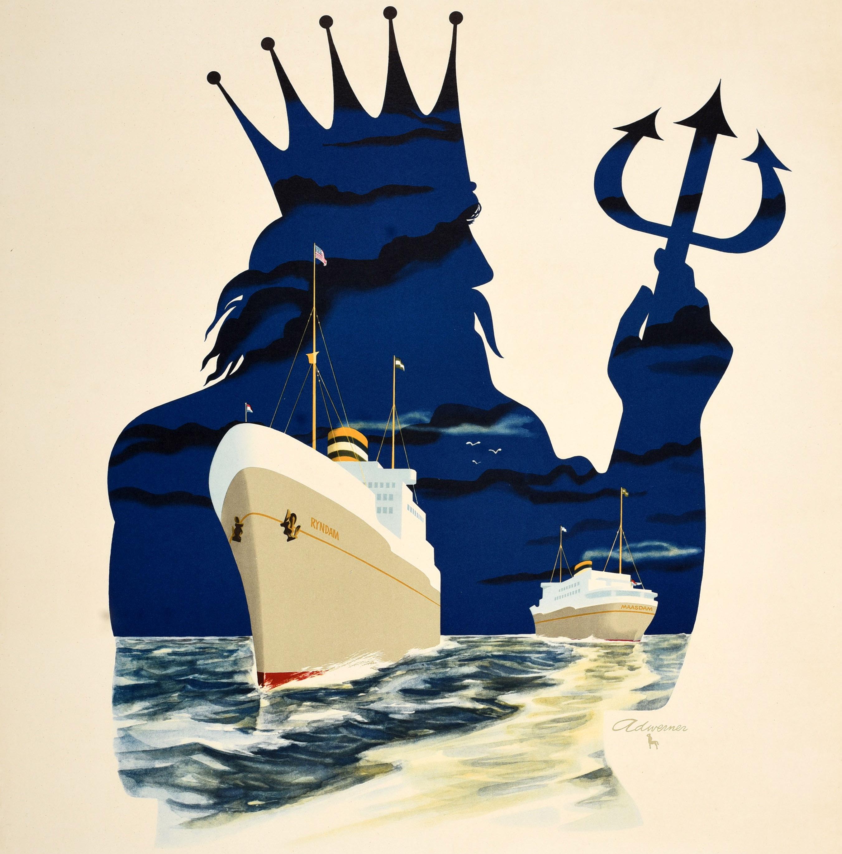 Original vintage cruise travel poster - A New Concept in Tourist Travel New Twins Ryndam Maasdam Comfort with Economy Holland-America Line - featuring a great design by the Dutch graphic designer Ad Werner (Adrianus Gerardus Werner; 1925-2017) of