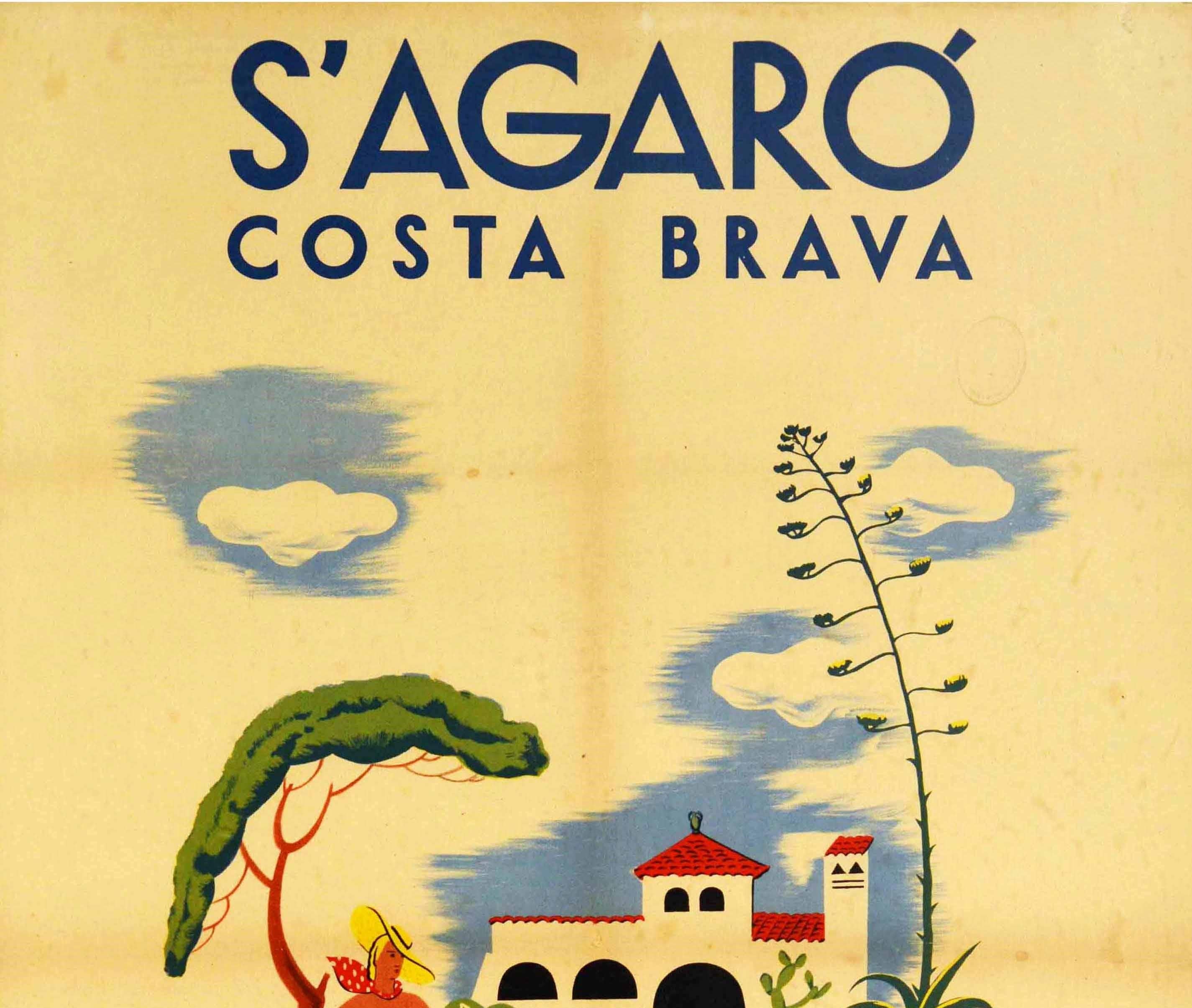 Original vintage travel poster for S'Agaro Costa Brava Ciudad Jardin Del Mediterraneo / Mediterranean Garden City featuring a man sunbathing and a fashionable lady in a polka dot scarf and wide brimmed sun hat sitting on a sandy beach under a tree