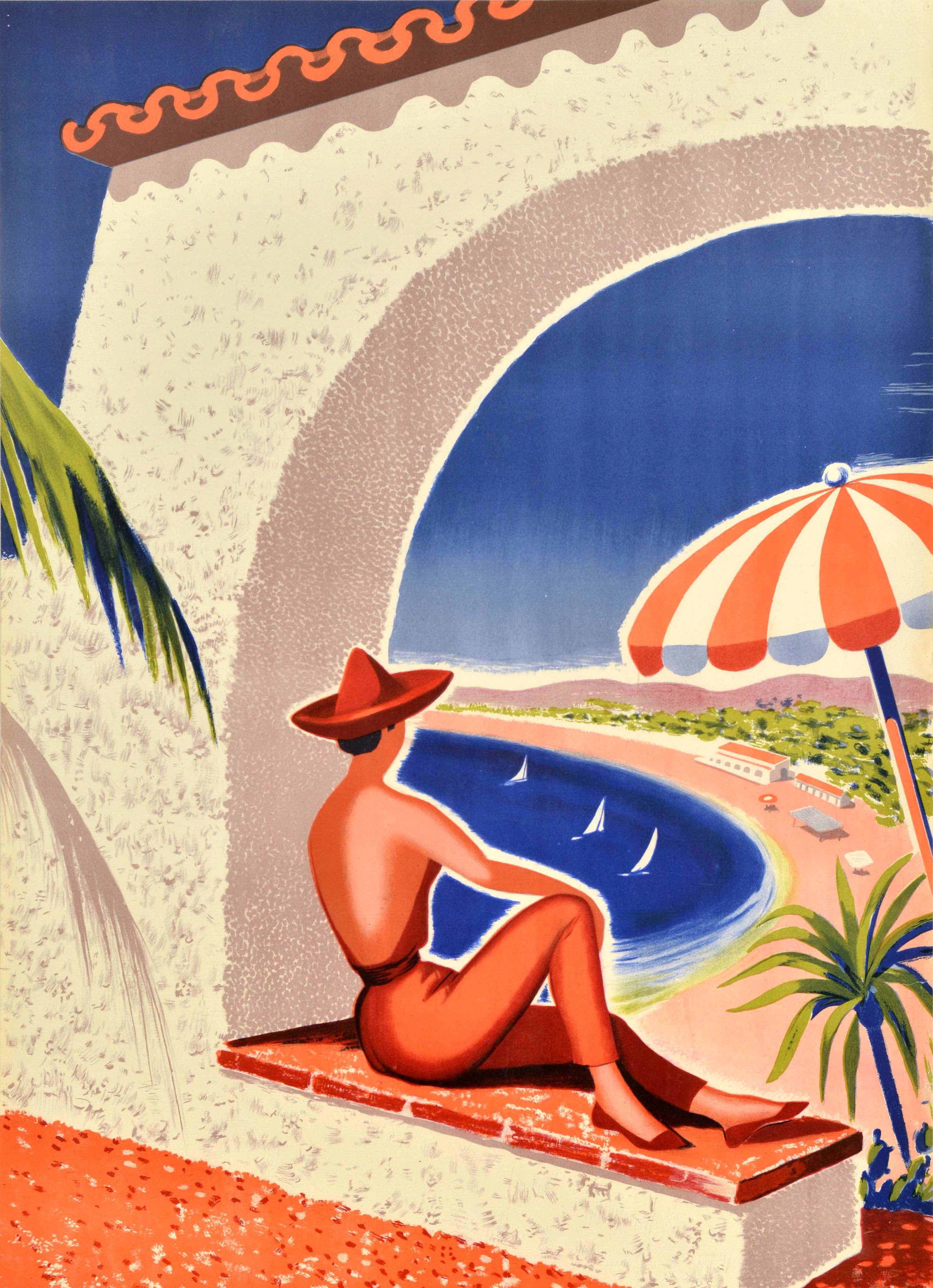 Poster di viaggio originale d'epoca per S'Agaro Costa Brava Sunny Winter Resort con un disegno colorato di Enric Moneny (1903-1973) di una signora vestita alla moda che indossa un cappello arancione con un top elegante senza schienale, pantaloni e