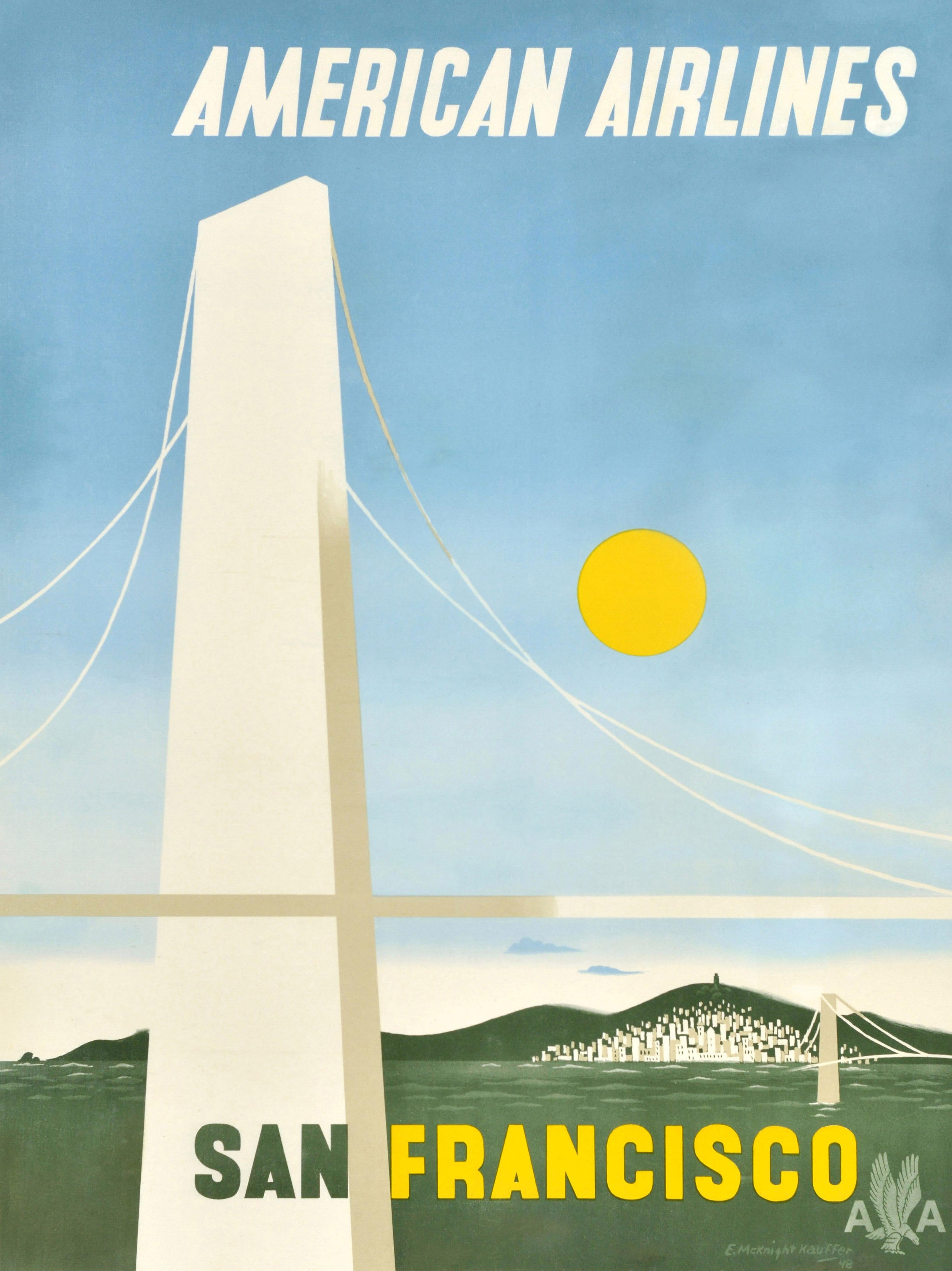 Cartel publicitario original de época de American Airlines con destino a San Francisco, diseñado por uno de los cartelistas más famosos del siglo XX, Edward McKnight Kauffer (1890-1954). Colorida vista estilizada del puente Golden Gate en California