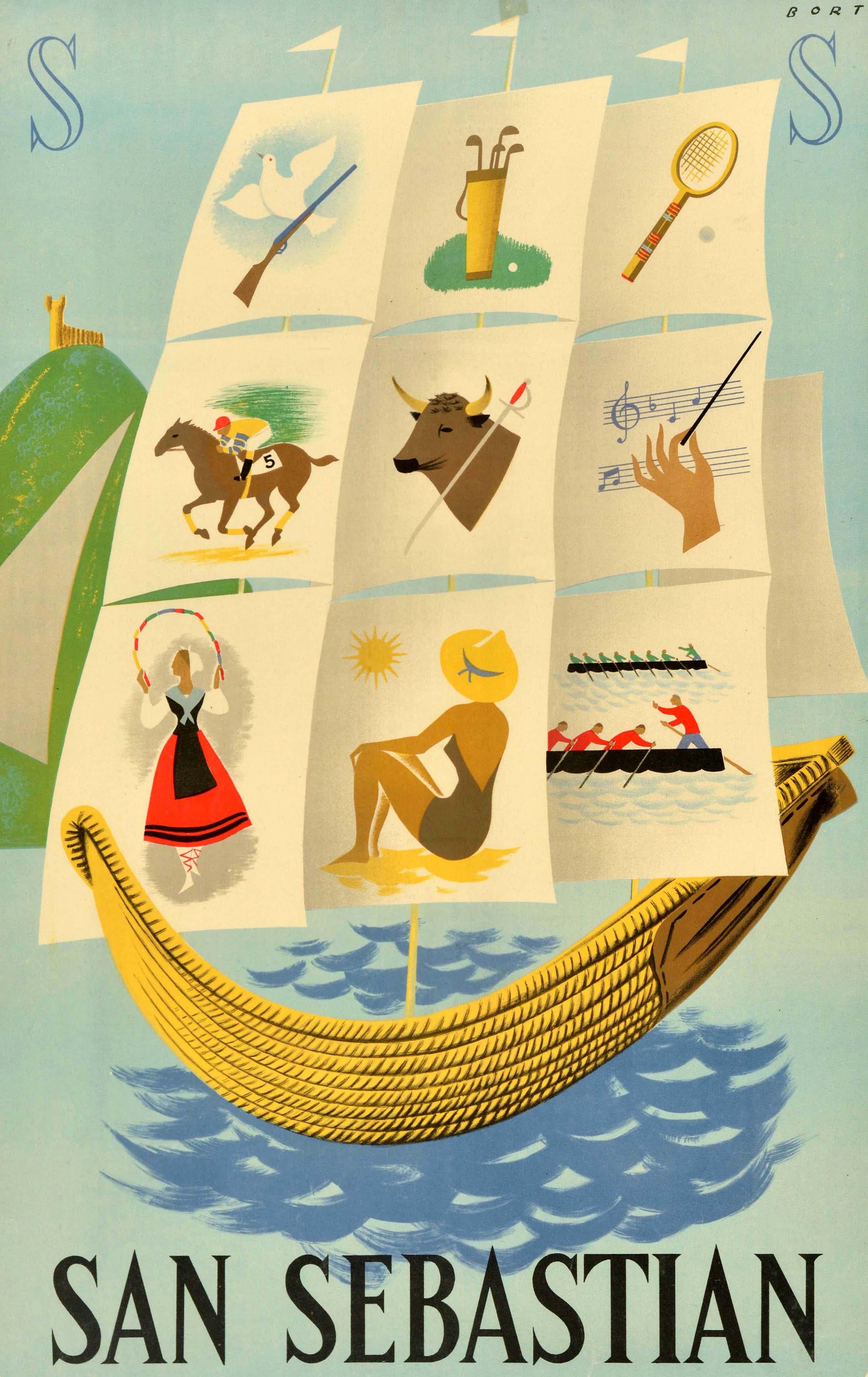 Poster di viaggio originale d'epoca per San Sebastian Espana Spain Espagne con una barca a vela tradizionale su un mare ondulato con illustrazioni nelle vele che mostrano le attività sportive e le attrazioni locali tra cui il tiro a segno, il golf e