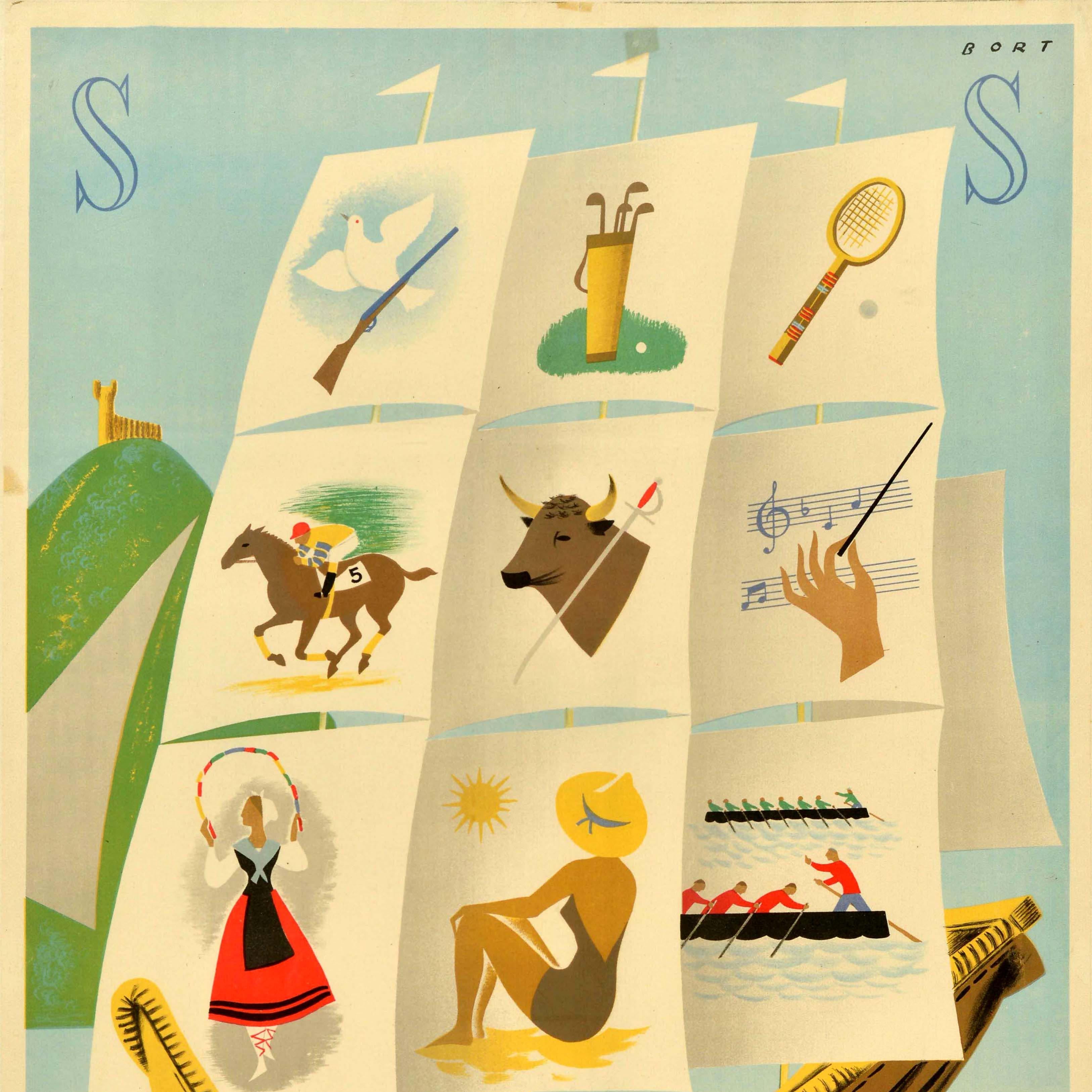 Spagnolo Poster di viaggio originale d'epoca San Sebastian Spagna Barca a vela Espana By in vendita