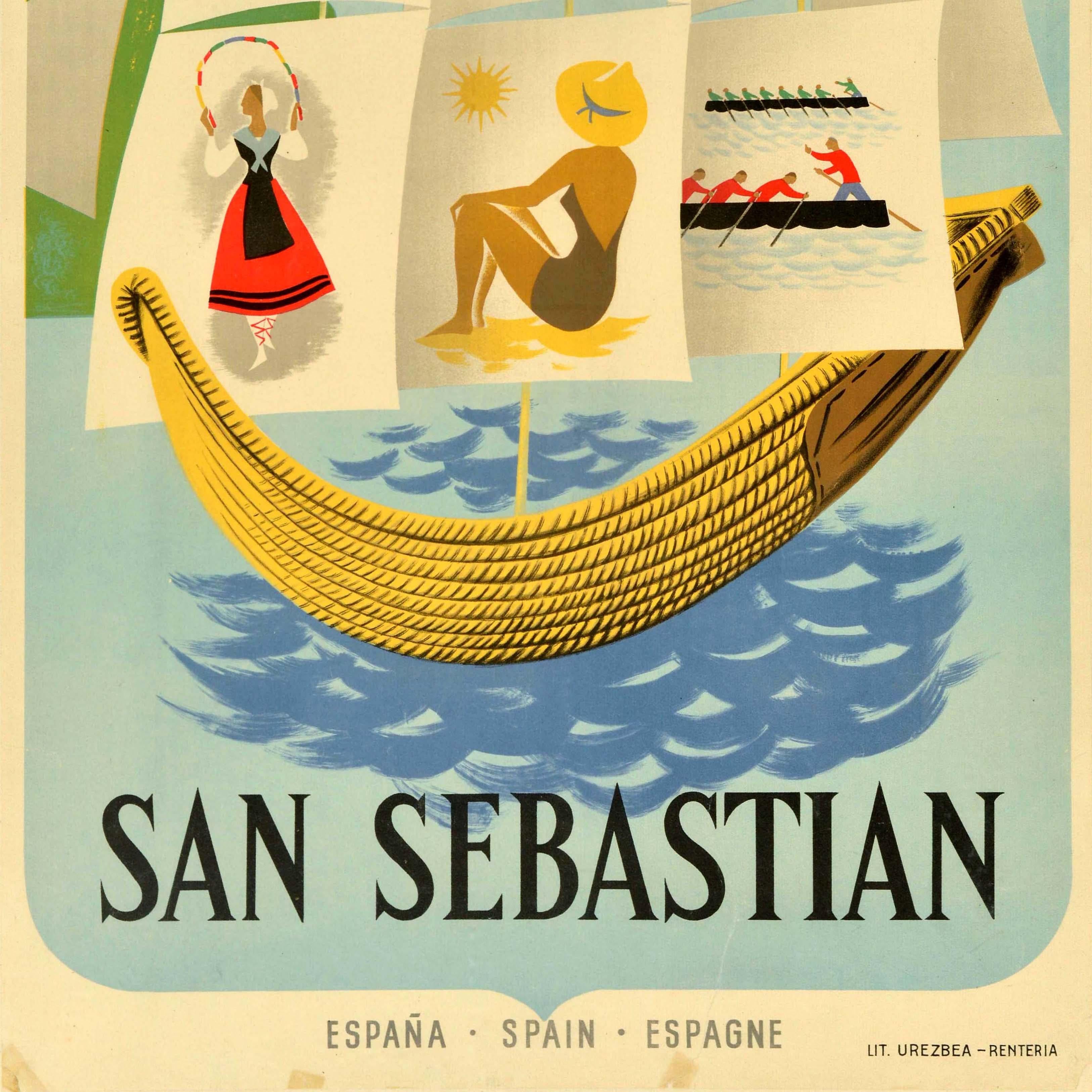 Poster di viaggio originale d'epoca San Sebastian Spagna Barca a vela Espana By In condizioni buone in vendita a London, GB