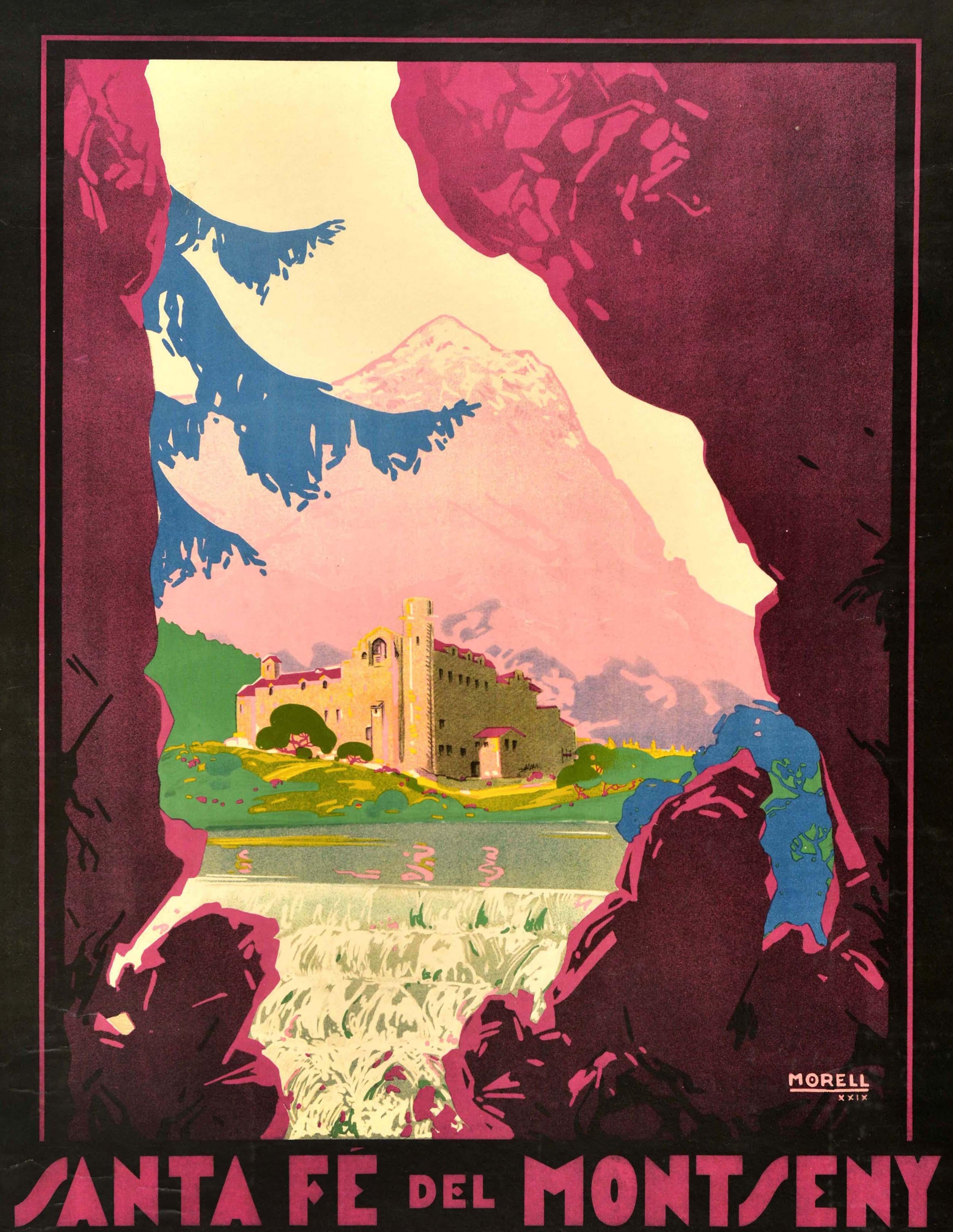 Poster di viaggio originale d'epoca per Santa Fe de Montseny in Spagna - Estacion Climatologica de Primer Orden a 1700 metros de altitud y a 70 kilometros de Barcelona / Stazione climatologica di prima classe a 1. 700 metri di altitudine e a 70