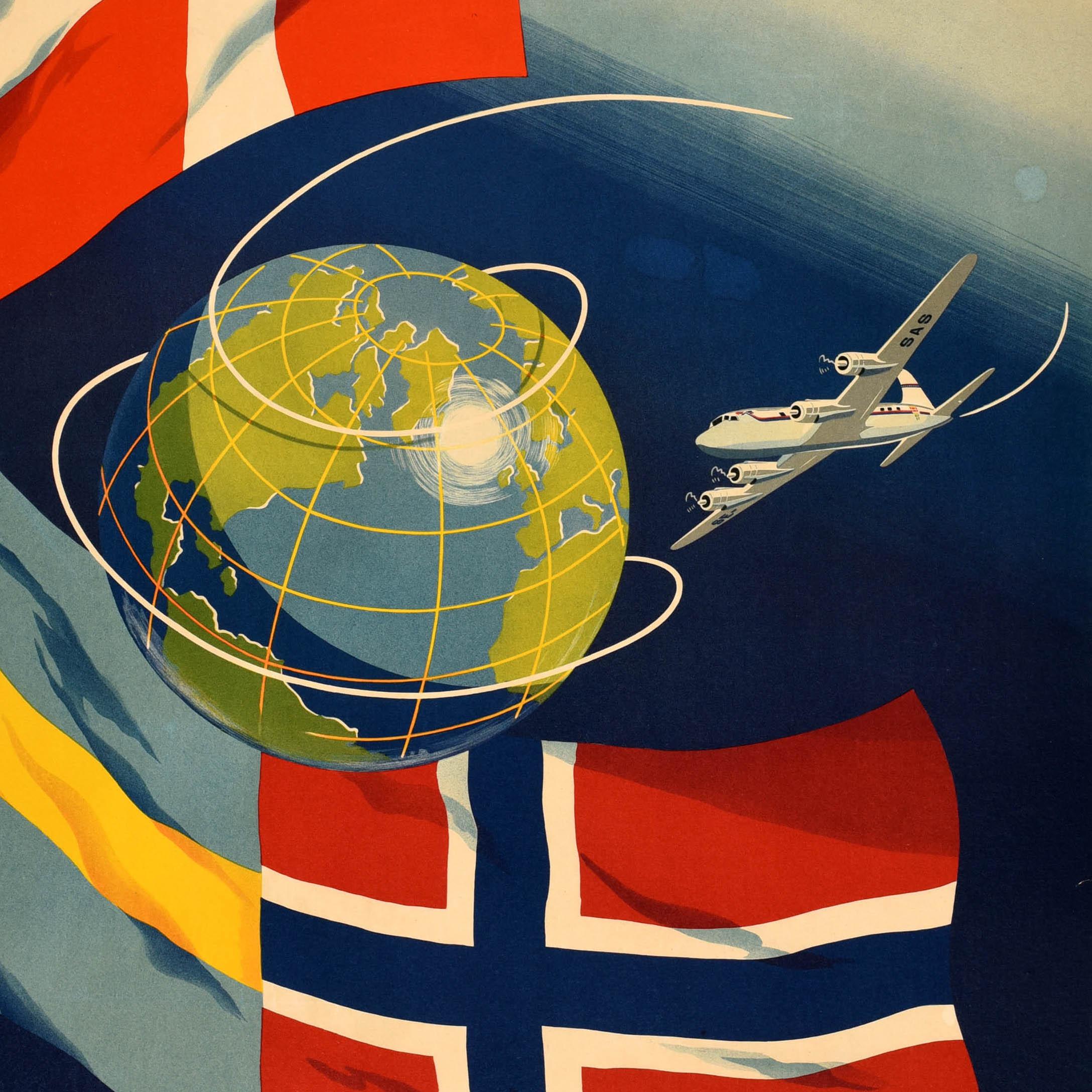 Original vintage travel advertising poster for SAS Scandinavian Airlines System featuring a colourful design depicting a plane flying around the globe with the flags of Sweden, Norway and Denmark flying against the blue and white shaded background,