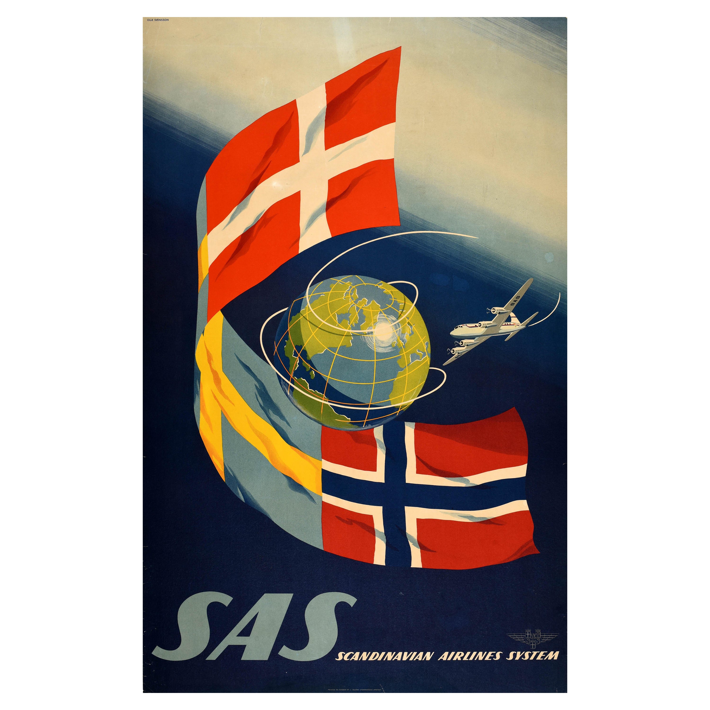 Poster di viaggio originale d'epoca SAS Scandinavian Airlines System Olle Svensson in vendita