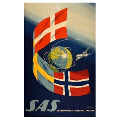 Poster di viaggio originale d'epoca SAS Scandinavian Airlines System Olle Svensson