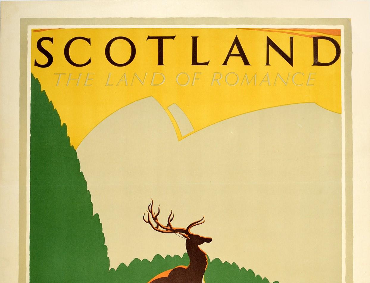 Original vintage travel poster for Scotland The Land of Romance issued by Anchor Line New York and Glasgow featuring stunning artwork by Frederick Charles Herrick (1887-1970) of a stag standing proudly on a rock with green trees and rolling hills