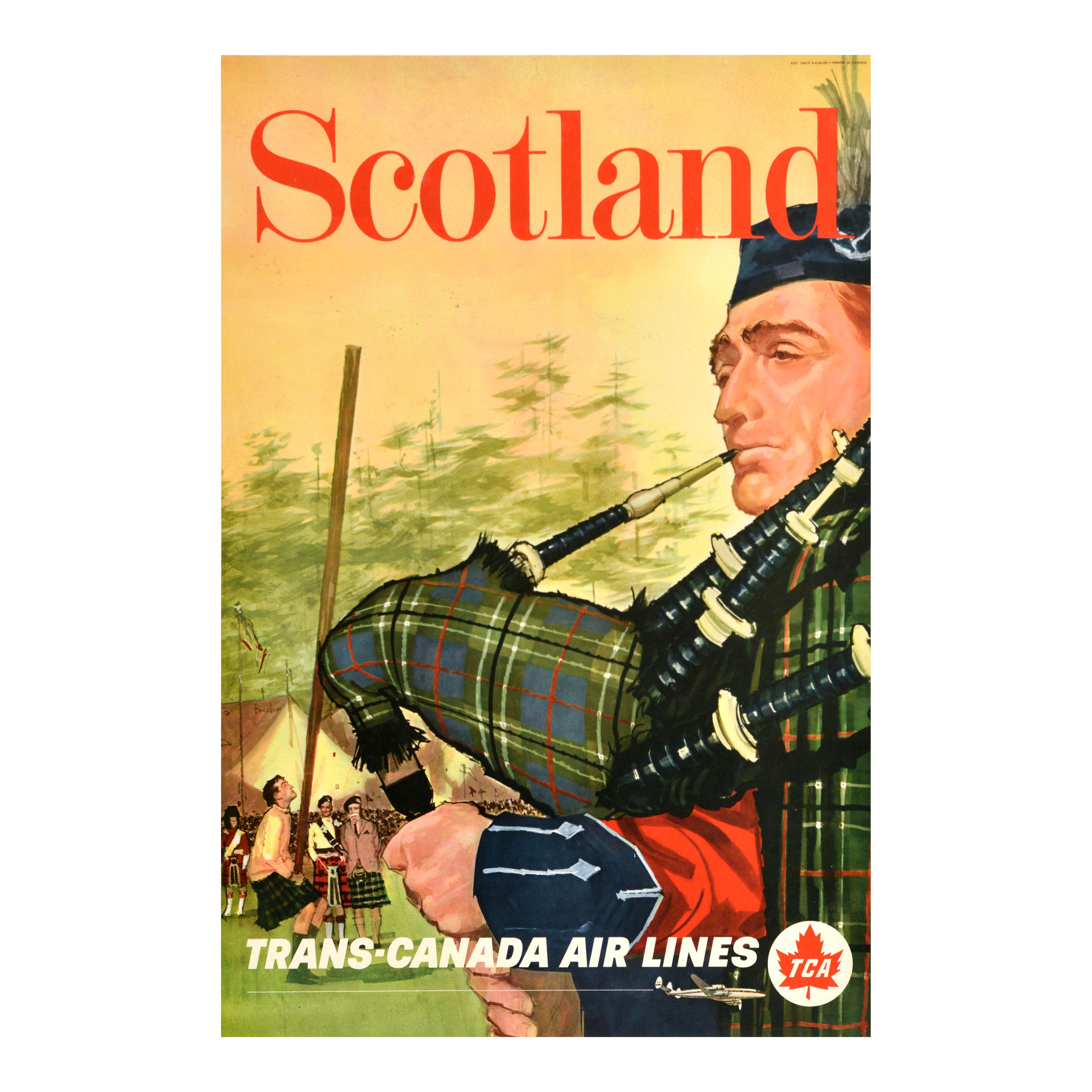 Original Vintage Travel Poster Schottland Trans Canada Airlines TCA Dudelsack