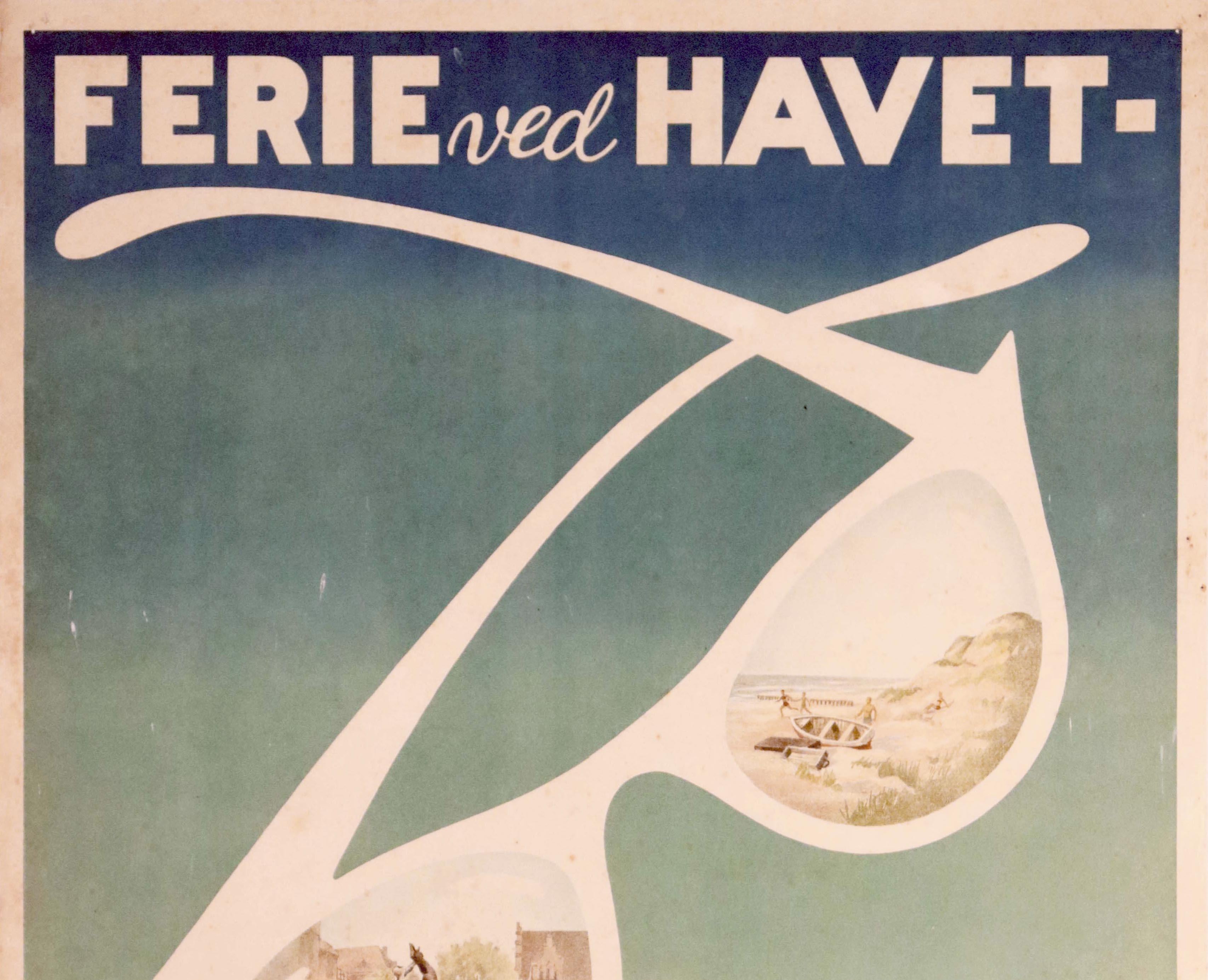 Original vintage travel advertising poster - Holiday by the sea Stay in Hjorring / Ferie ved havet bo i Hjorring - featuring an illustration of a crab carrying a pair of sunglasses in his claw with a reflection of a fountain in the old town and