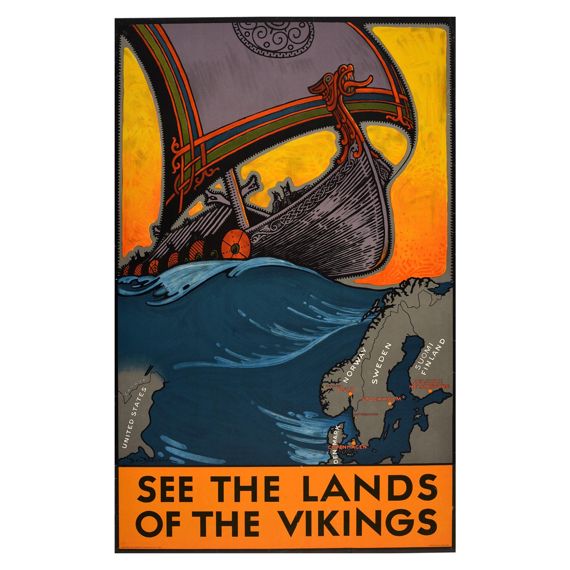 Original Vintage Travel Poster See The Lands Of The Vikings Atlantic Sailing Map For Sale