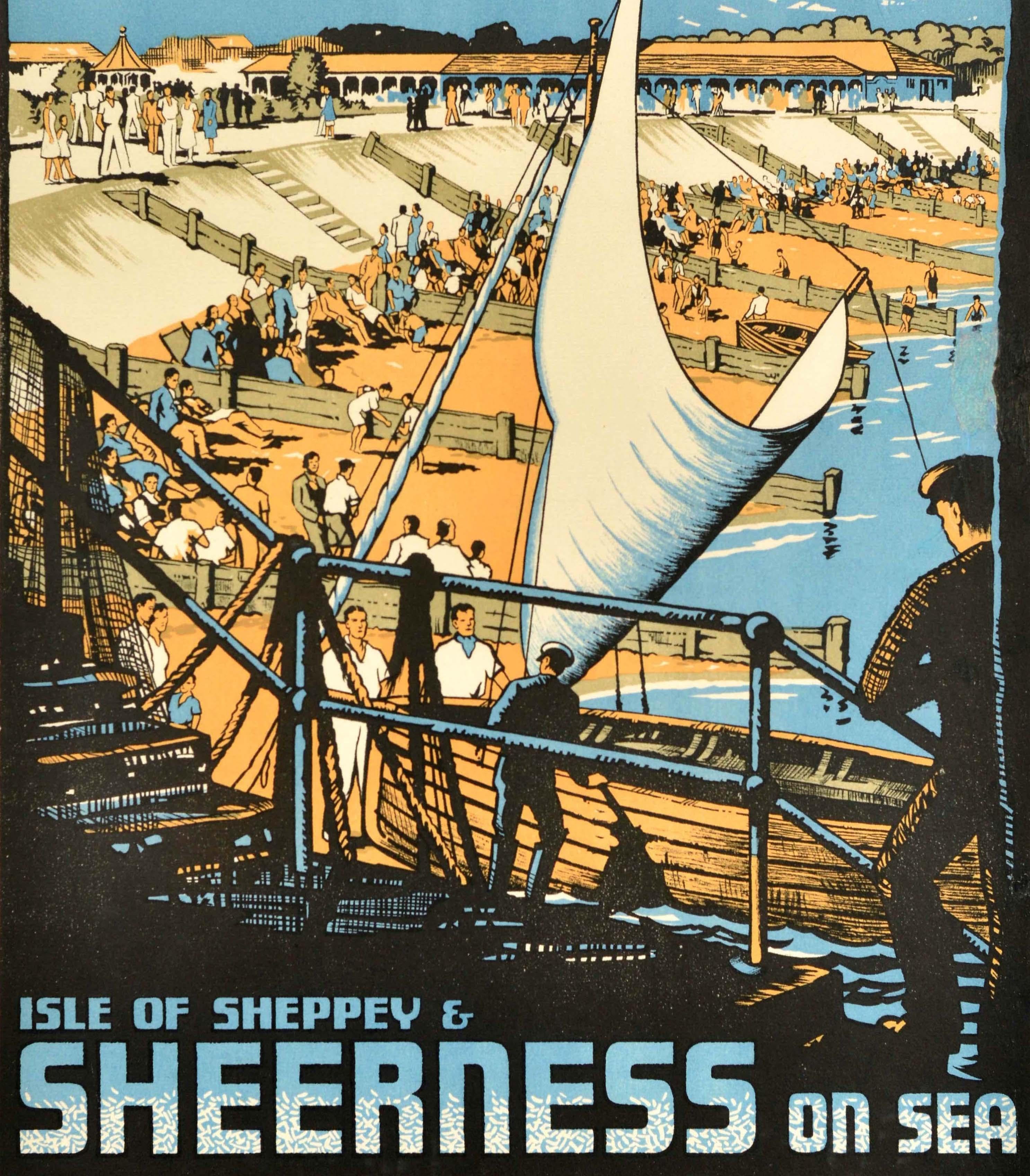 Original vintage train travel poster for the Isle of Sheppey & Sheerness on Sea on the bracing East Kent Coast only 50 miles from London featuring great artwork depicting a man on steps in the foreground looking at the holiday makers sunbathing on