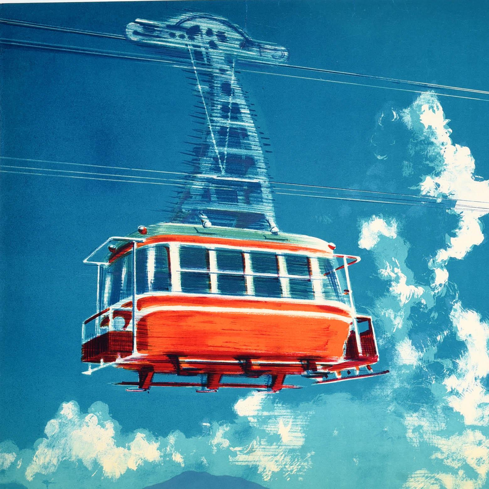 Original vintage travel poster for the Shiga Kogen Mountain resort in Japan issued by the Nagano Electric Railway featuring scenic artwork showing a cable car in red over a picturesque mountain landscape depicting trees in forests, lakes between