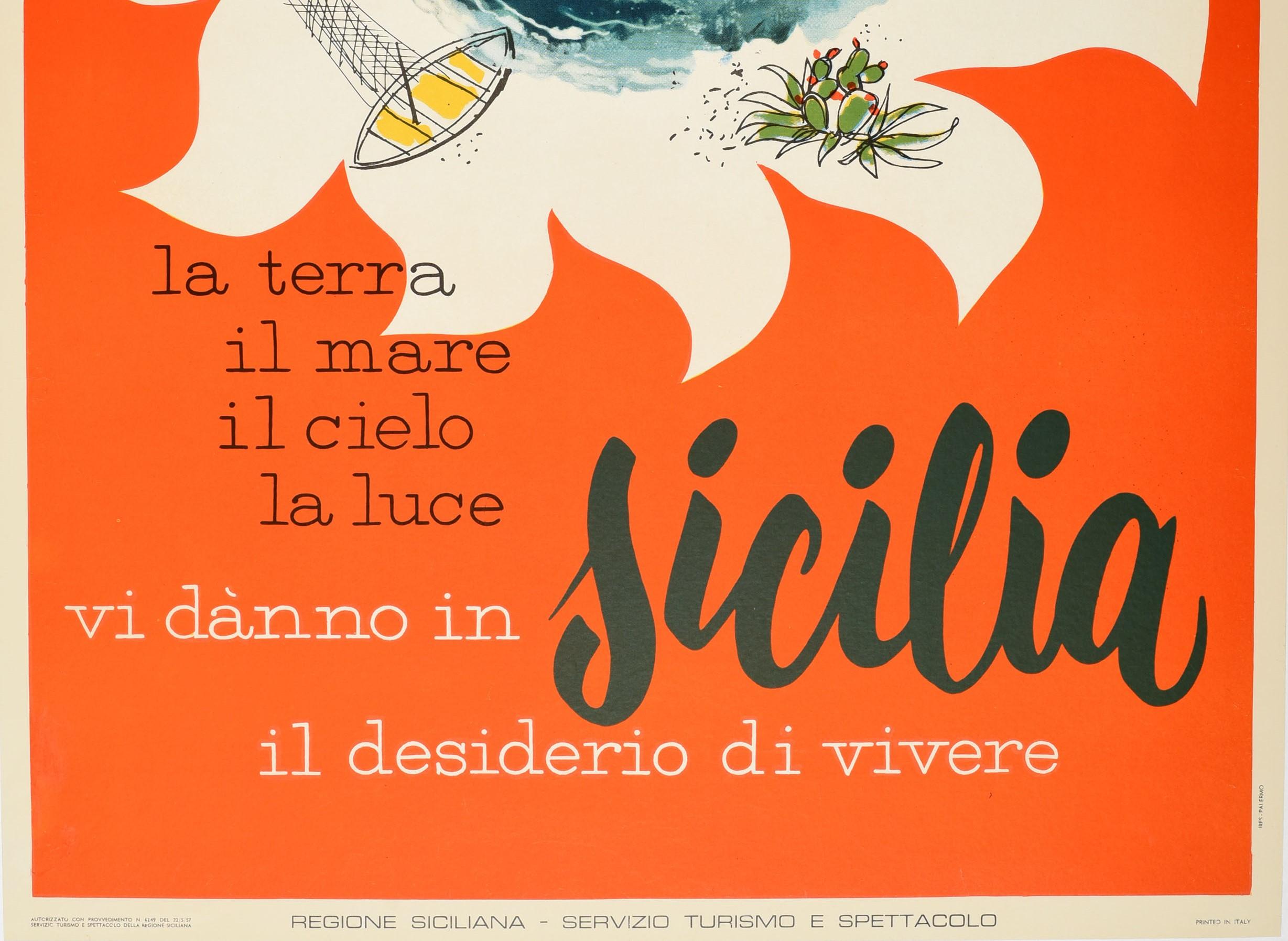 Italian Original Vintage Travel Poster Sicilia Sicily Sun Earth Light Sky Fishing Boats For Sale