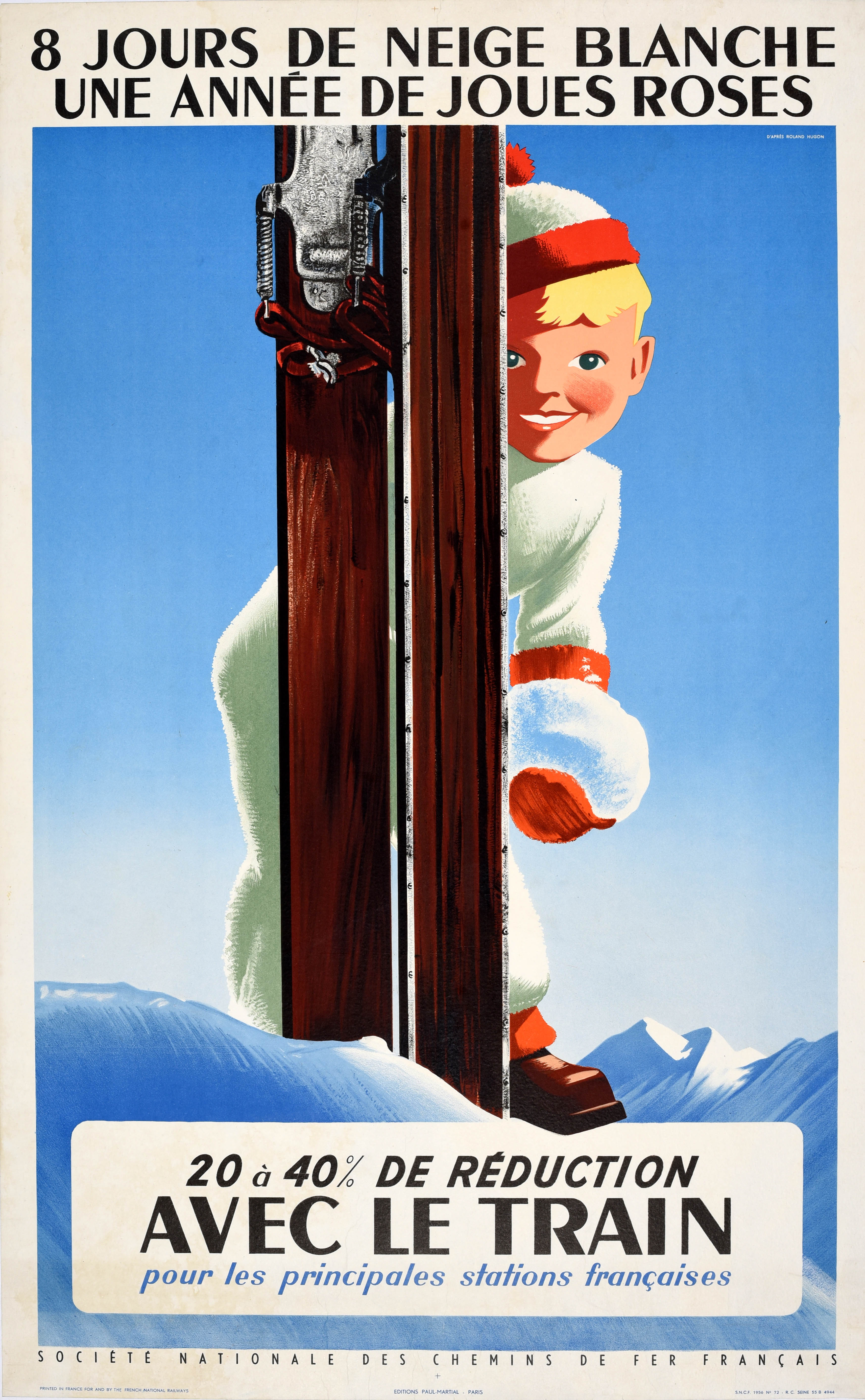 Póster de viaje original de época Esquí Francia Deporte de invierno Ferrocarril Roland Hugon en venta