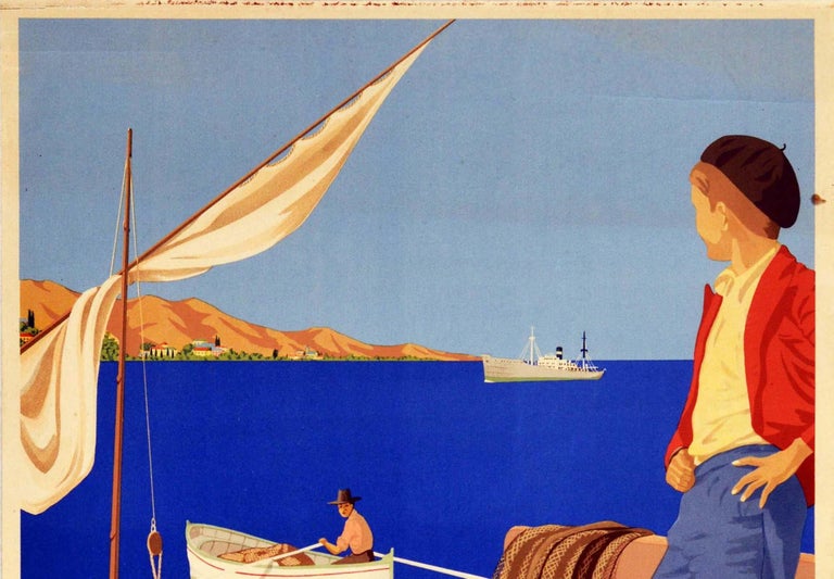 Original vintage cruise travel poster - Reist in den sonnigen Suden mit der Sloman Linie Hamburg / Travel to the sunny south with the Sloman Line Hamburg - featuring a great image showing a boy standing on a dock next to a fishing net and watching a