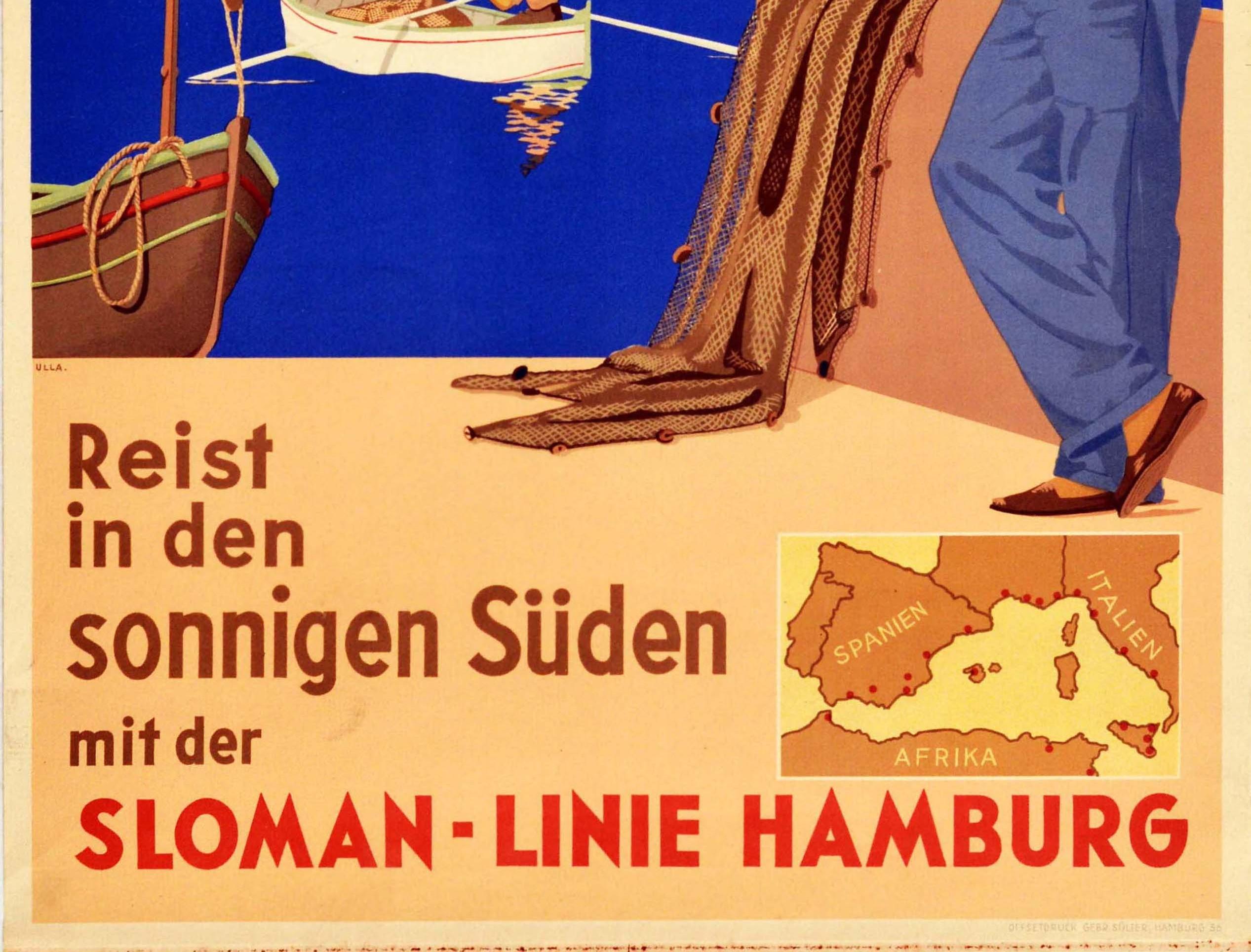 Allemand Affiche de voyage originale Sloman Line Mediterranean Map Espagne Italie Afrique en vente