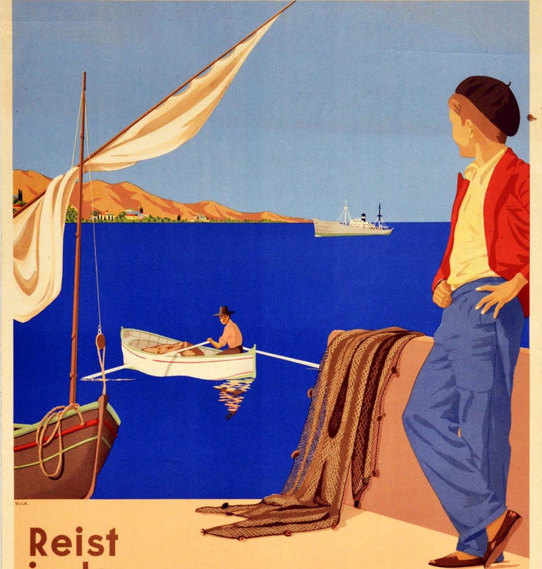 Original Vintage Travel Poster Sloman Line Mediterranean Map Spain Italy Africa In Good Condition For Sale In London, GB