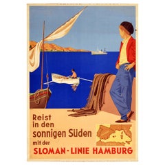 Original Vintage Travel Poster Sloman Line Mediterranean Map Spain Italy Africa