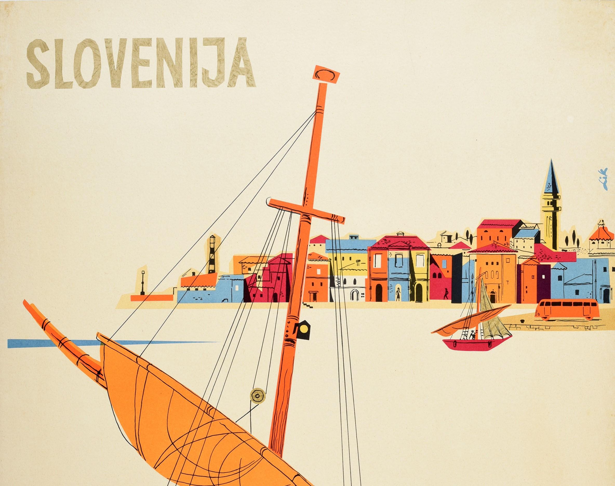 Original vintage travel poster for Slovenia Yugoslavia / Slovenija Jugoslavia featuring a colourful illustration of a lady in a bikini on a wooden sailing boat, holding onto the ropes and looking at a man in the sea holding up a fish caught on a