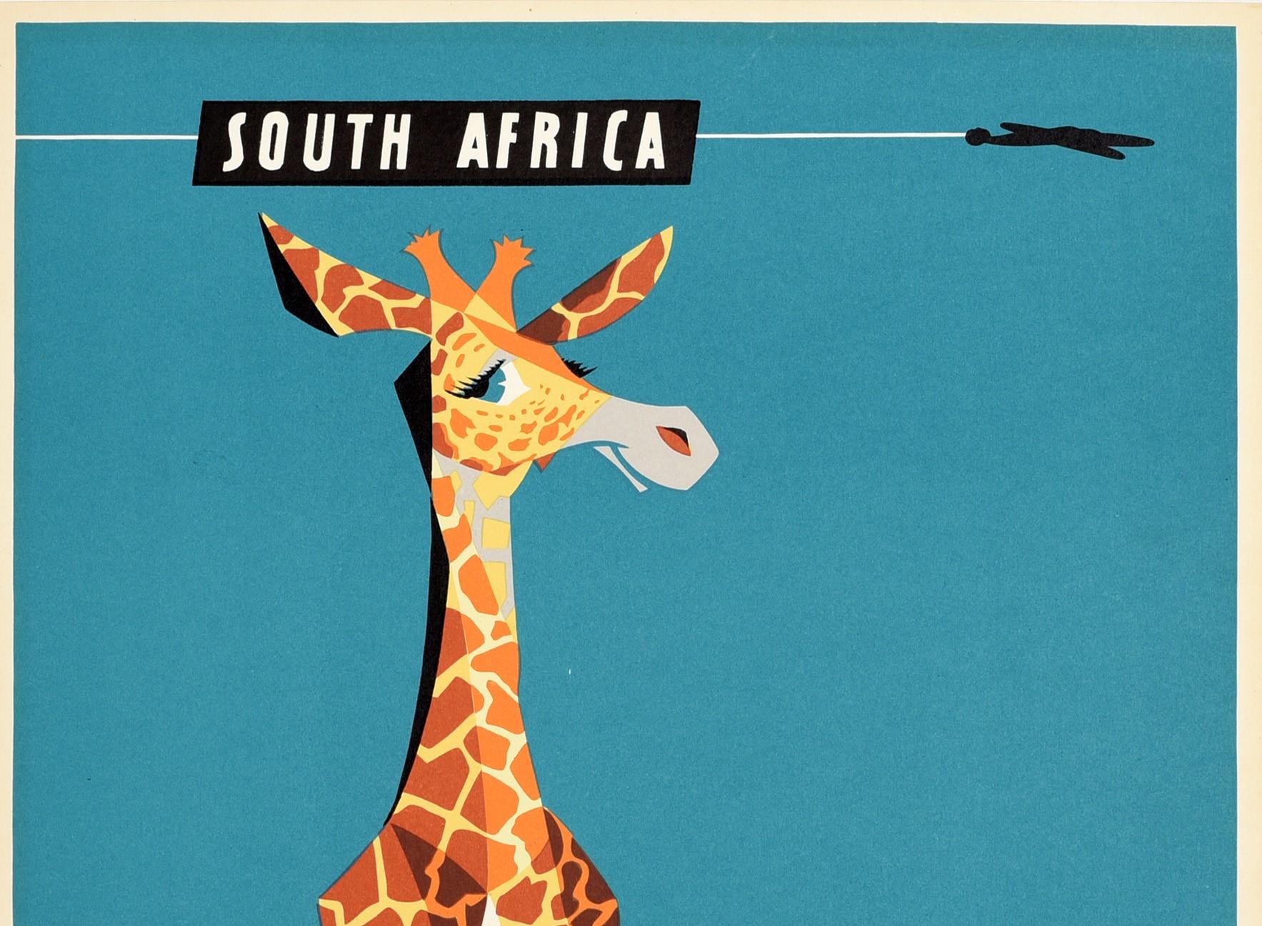 Original vintage travel poster for South Africa issued by Qantas Australia's Overseas Airline in association with BOAC (British Overseas Airways Corporation), TEAL (Tasman Empire Airways Limited) and SAA (South African Airways) featuring a fun and