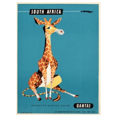 Original-Vintage-Reiseplakat Qantas Airline BOAC TEAL SAA Giraffen, Südafrika