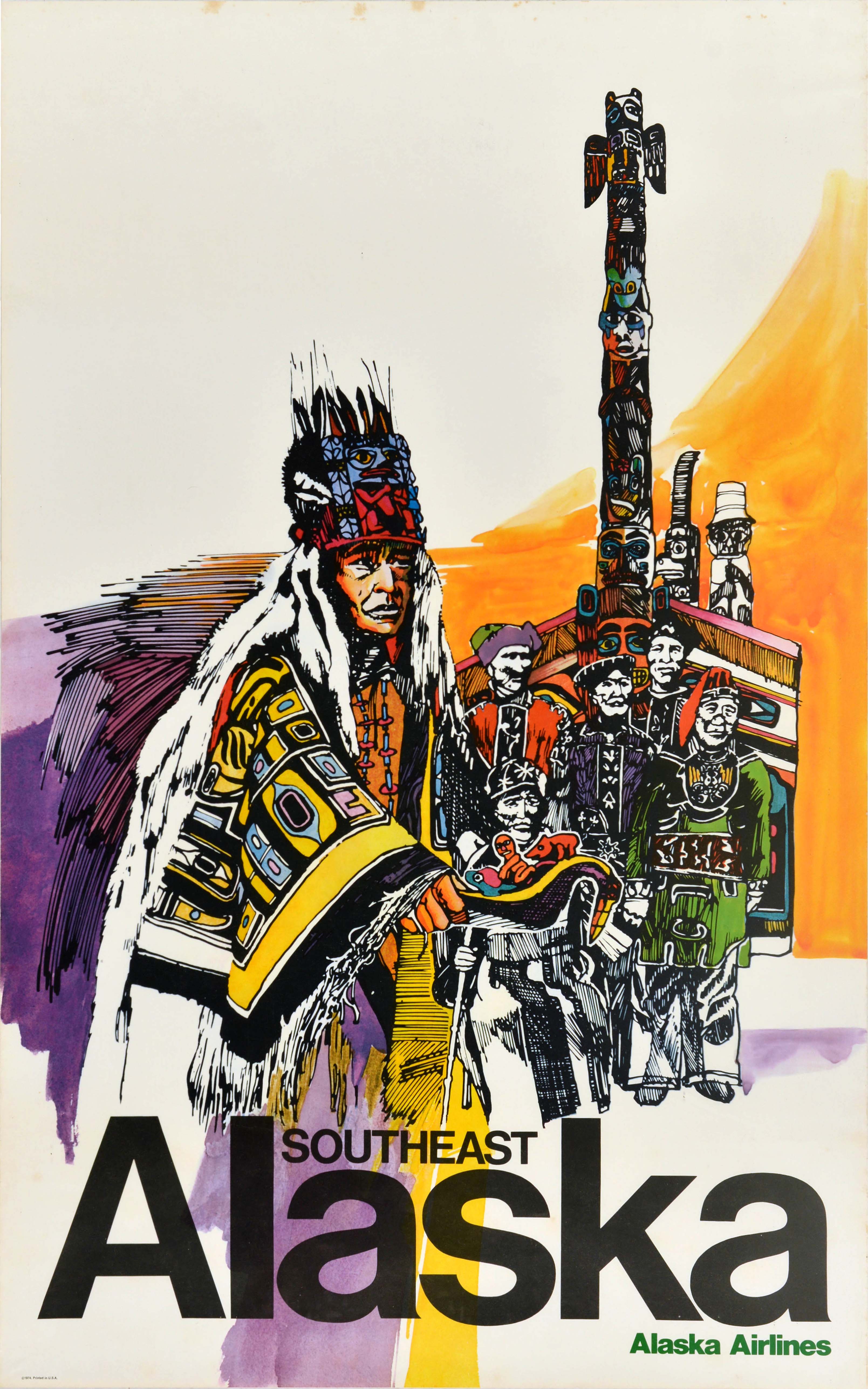 Original Vintage Travel Poster Southeast Alaska Airlines Totem Pole USA