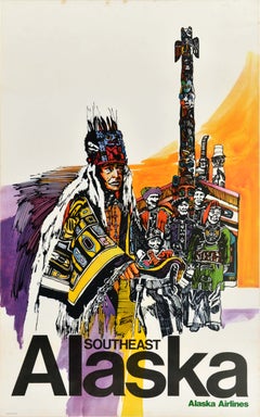 Original Vintage Travel Poster Southeast Alaska Airlines Totem Pole USA