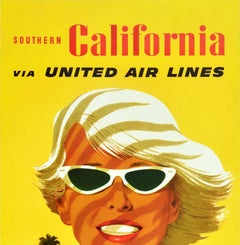 Original Vintage Travel Poster Southern California United Air Lines Mid-Century