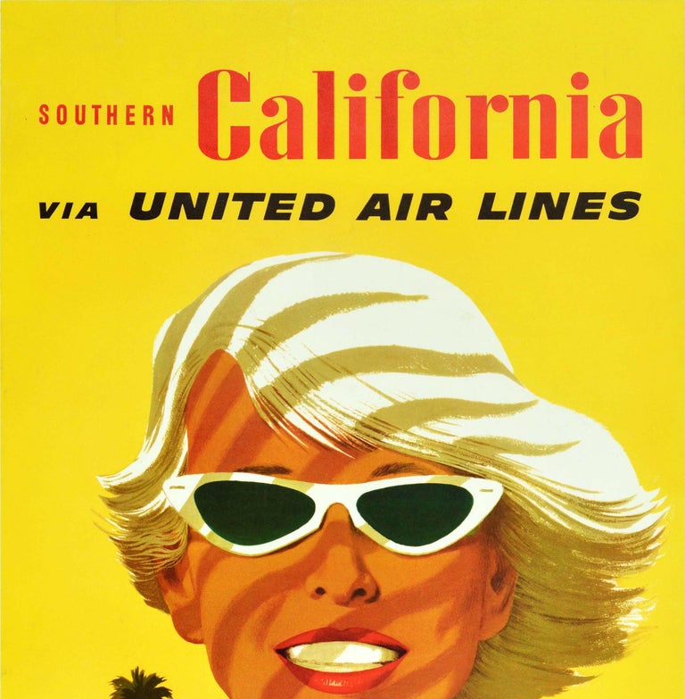 Original vintage travel advertising poster for Southern California via United Air Lines featuring a bright and colourful design by the artist and illustrator Stan Galli (Stanley Walter Galli; 1912-2009) of a smiling young lady wearing fashionable