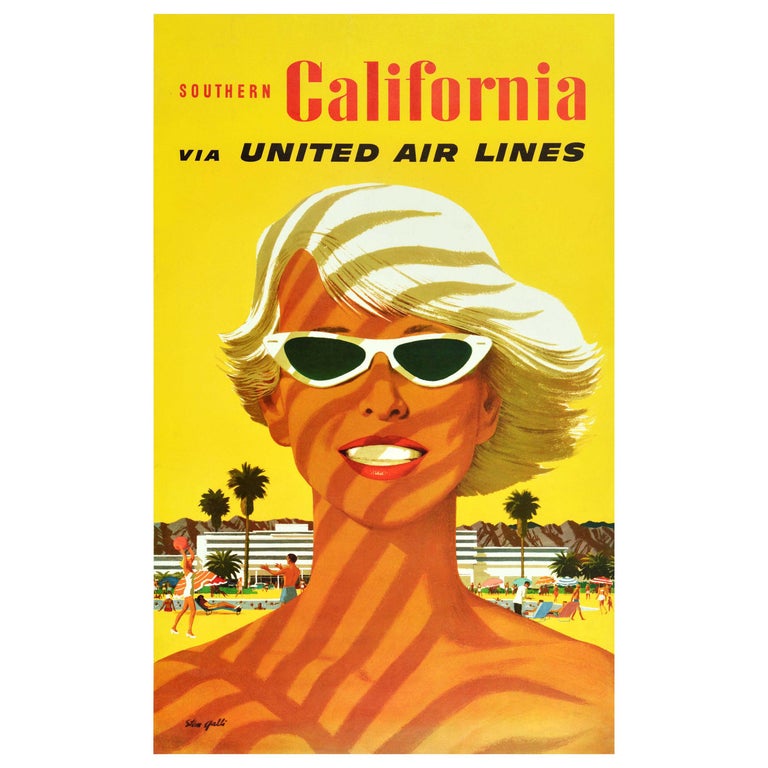 Original Vintage Travel Poster Southern California United Air Lines Mid-Century For Sale