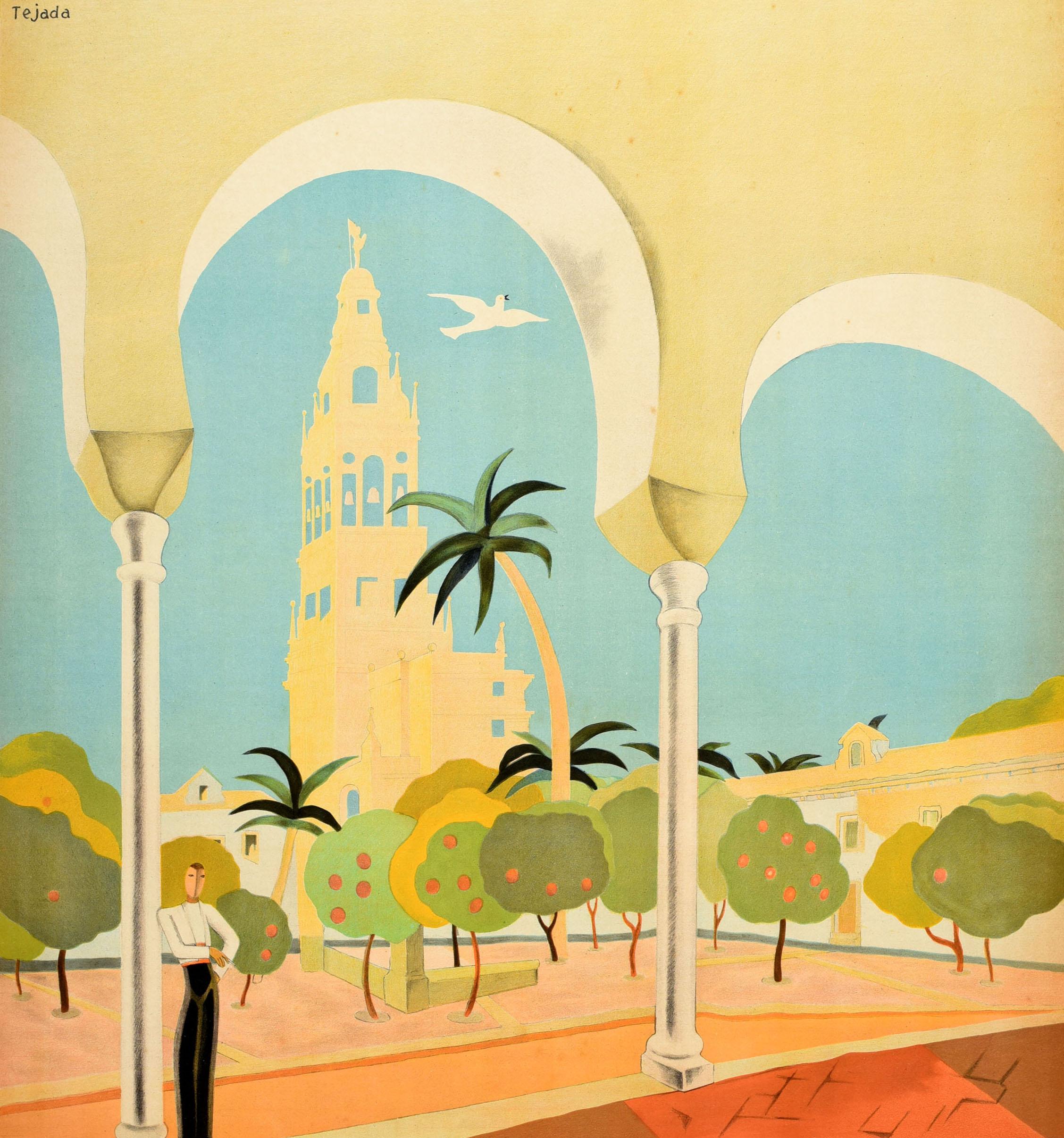 Affiche de voyage vintage originale pour l'Espagne The comfort of Europe the luxury of Africa await you in Spain / Espagne Le confort de l'Europe la luxuriance de l'Afrique vous attendent en Espagne. Grand motif Art déco représentant la Cour des