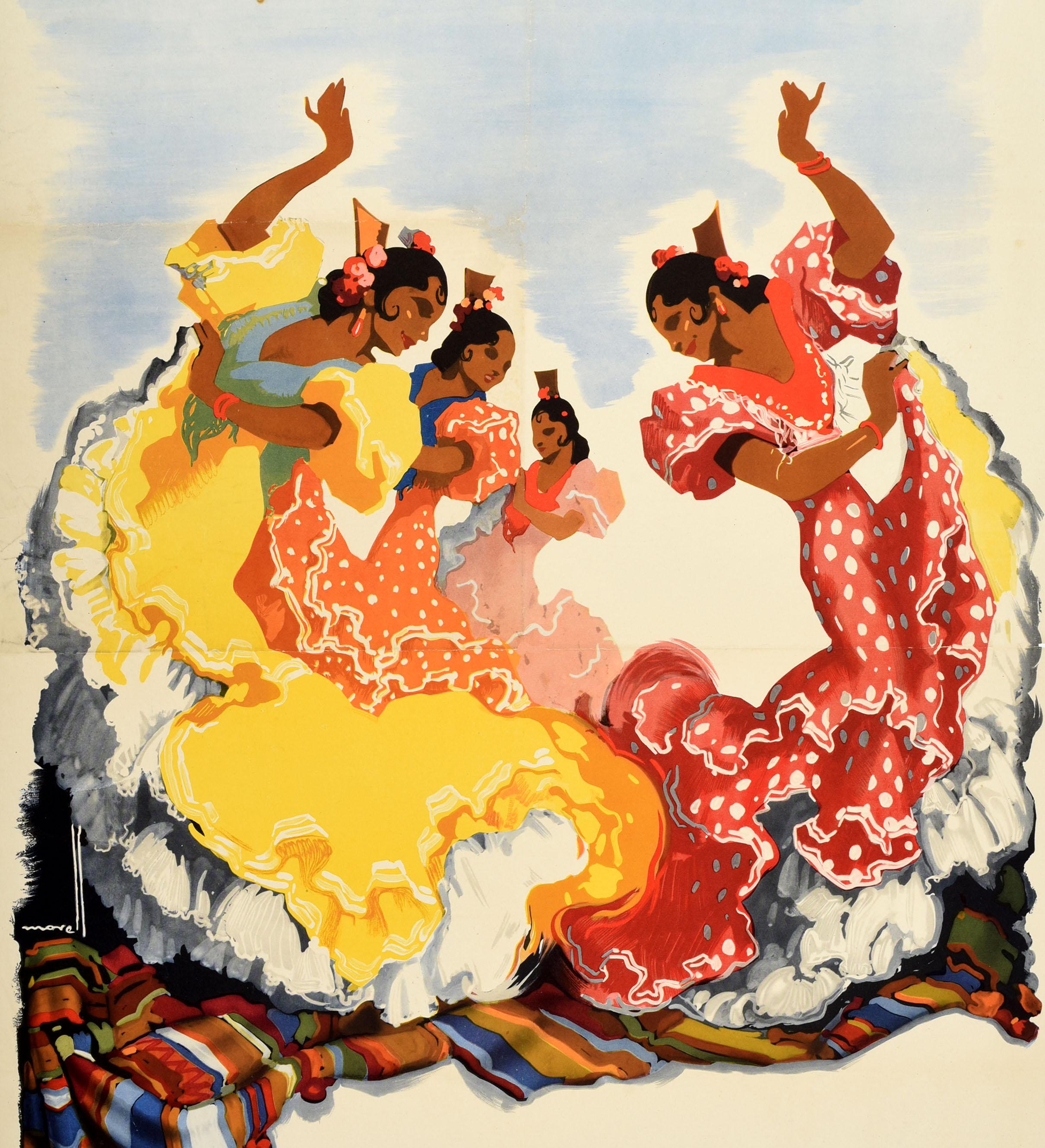 Original vintage travel poster for Spain featuring an illustration by the Spanish artist Jose Morell (1899-1949) of dancers in traditional flamenco dresses with flowers in their hair, dancing on a striped cloth with the bold text below. Published by