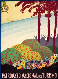 Original Vintage Travel Poster Spanien Mittelmeer Blumen und Früchte PNT