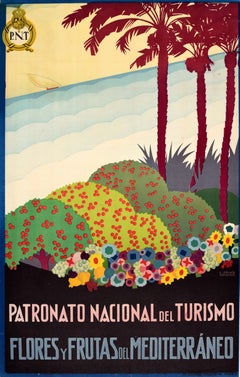 Original Vintage Travel Poster Spanien Mittelmeer Blumen und Früchte PNT