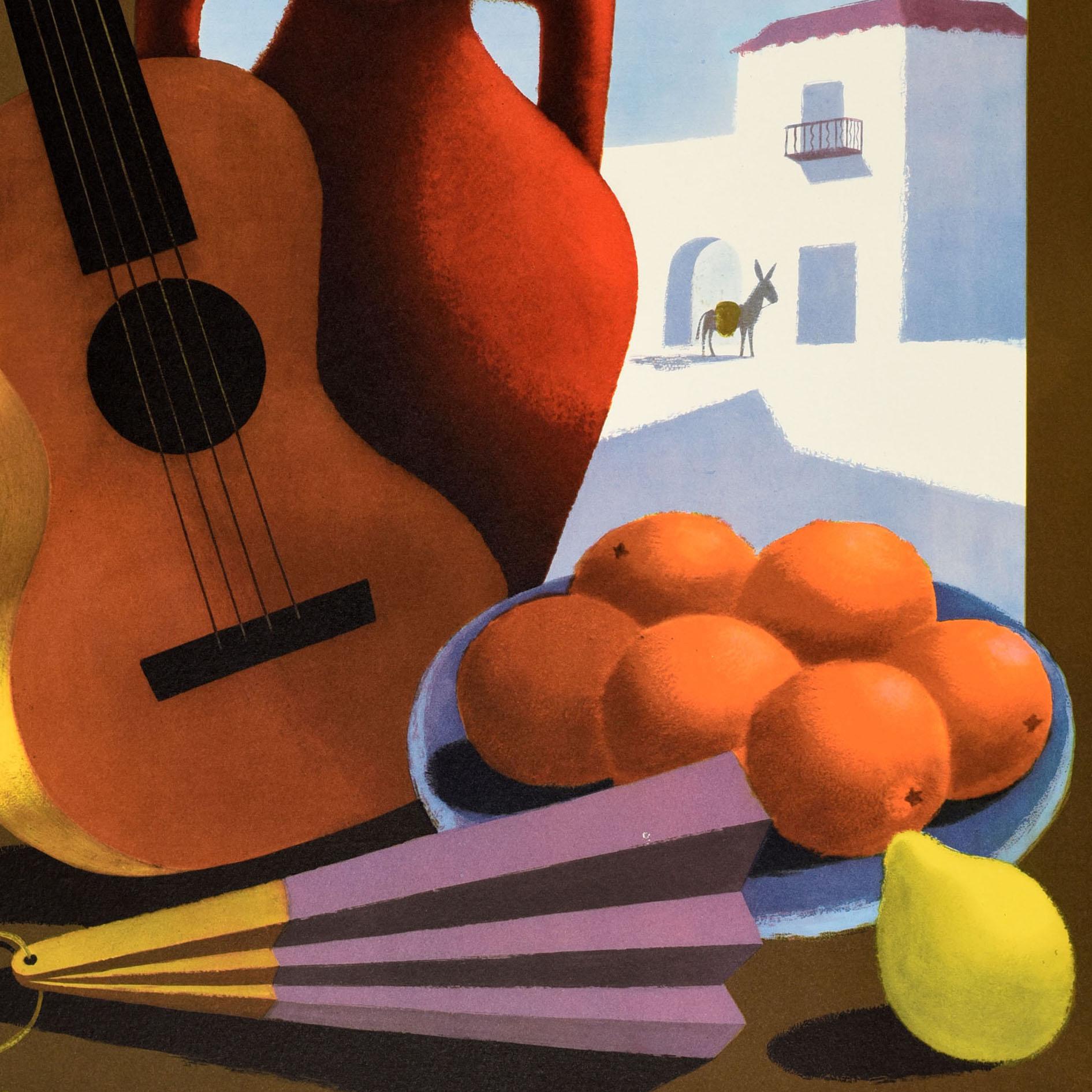 Original vintage travel poster for Spain / Spanien issued by the Spanish State Tourist Office featuring a colourful still life design by Guy Georget (1911-1992) depicting a fan and pot, oranges on a plate, a lemon and a guitar against the wall with