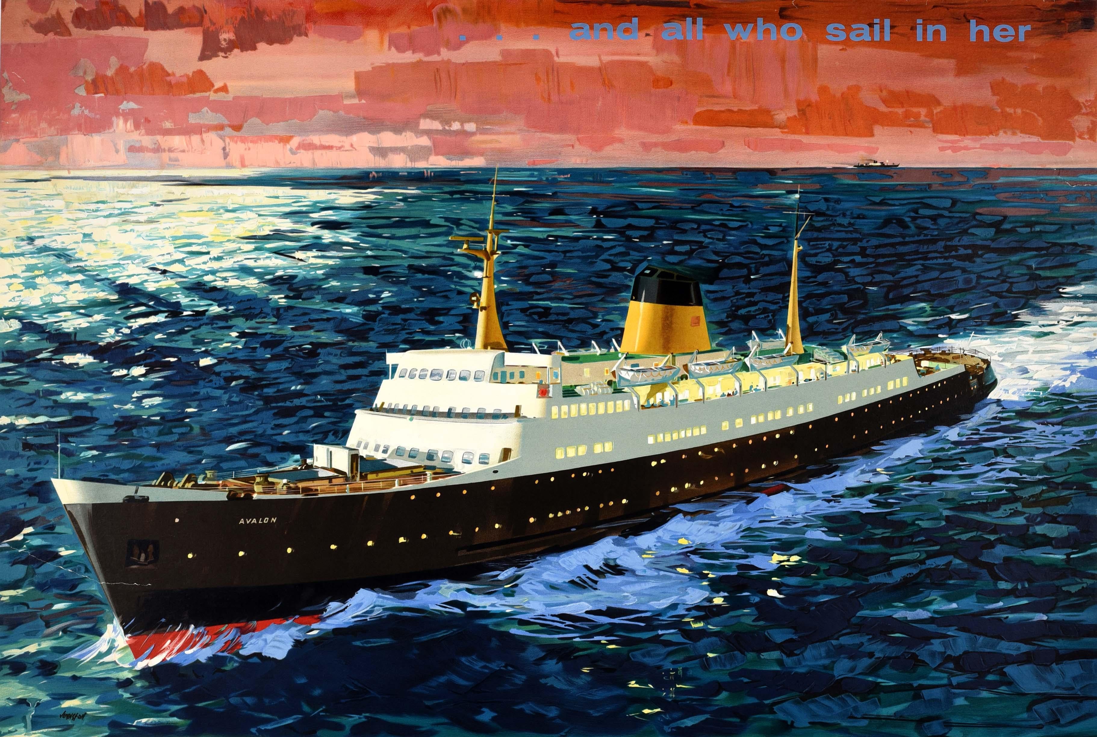 Original-Reise-Werbeplakat von British Railways Eastern Region für die S.S. Avalon The New British Railways Ship For Harwich Hook Of Holland Night Service mit einem Kunstwerk von Robert Johnston (1906-1983), das die Kanalfähre bei Sonnenuntergang