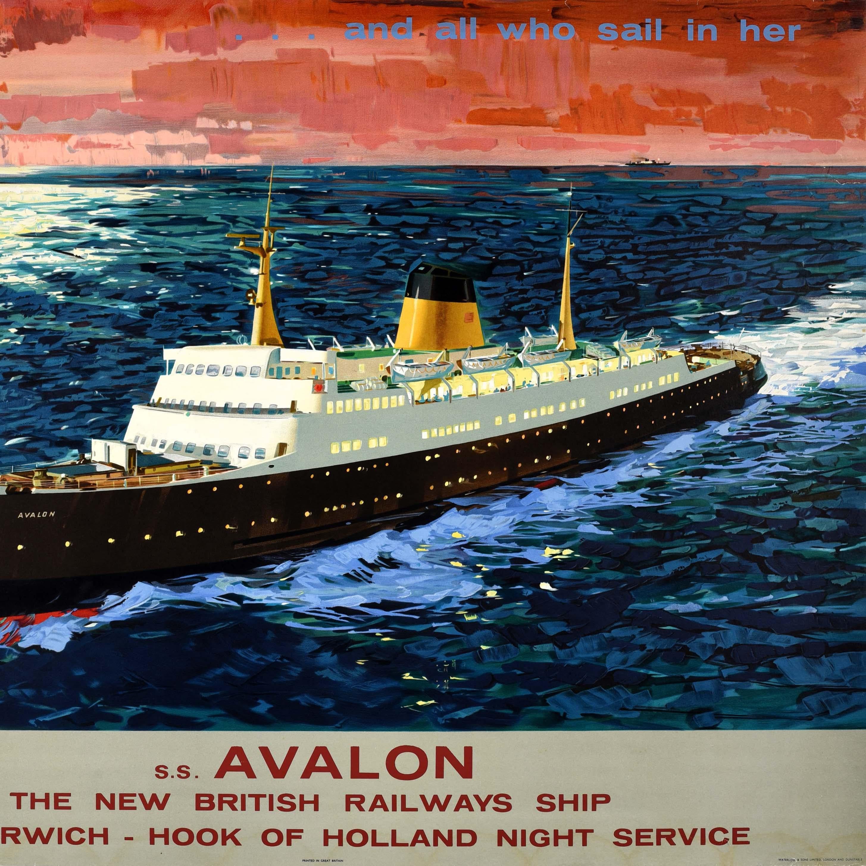 Mid-20th Century Original Vintage Travel Poster SS Avalon Harwich Holland Ferry British Railways For Sale