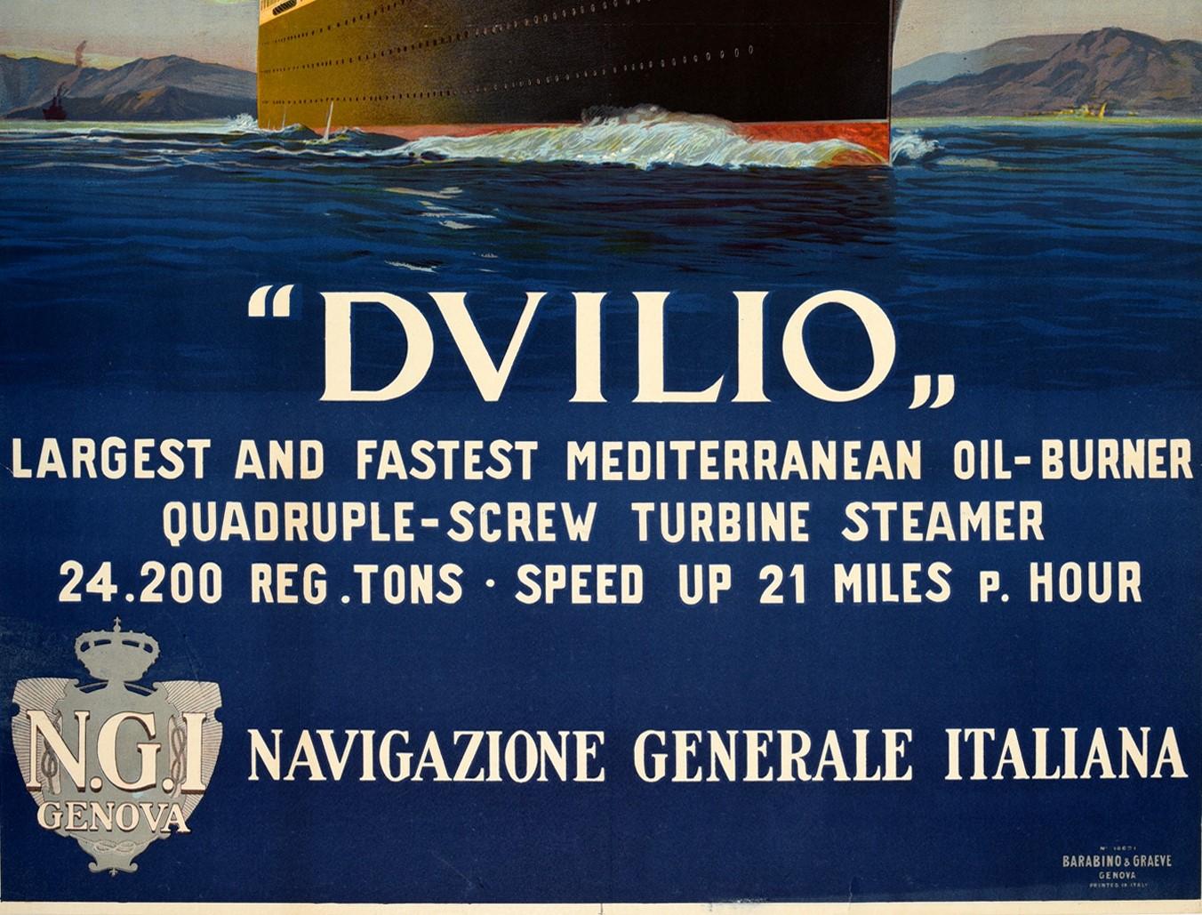 Italian Original Vintage Travel Poster SS Duilio Transatlantic Ocean Liner Mediterranean