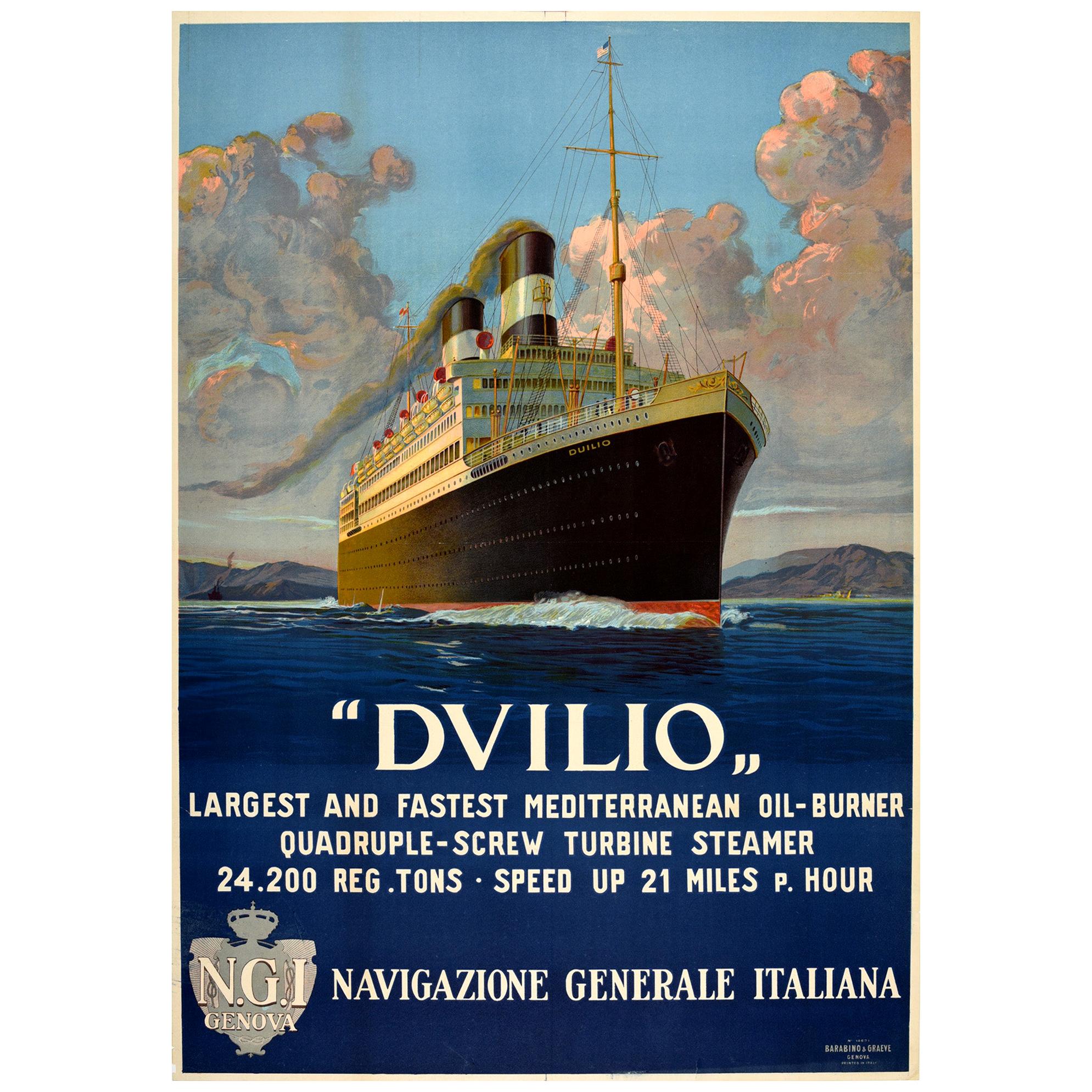Original Vintage Travel Poster SS Duilio Transatlantic Ocean Liner Mediterranean