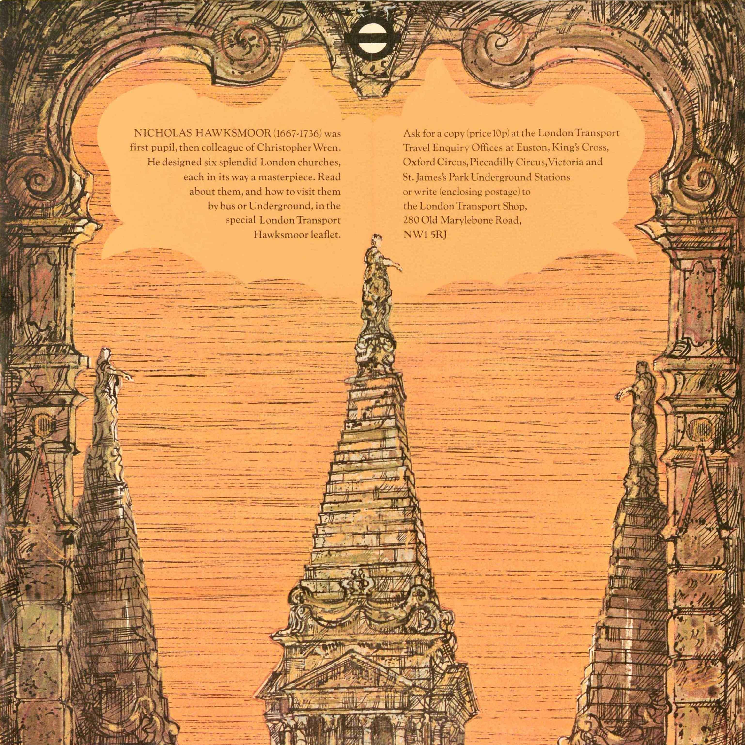 Poster vintage originale dei trasporti londinesi del pittore e stampatore Richard Beer (1928-2017) con una grande immagine della storica Church's di Bloomsbury (fondata nel 1730) che raffigura la statua di Re Giorgio I in cima alla torre a gradoni